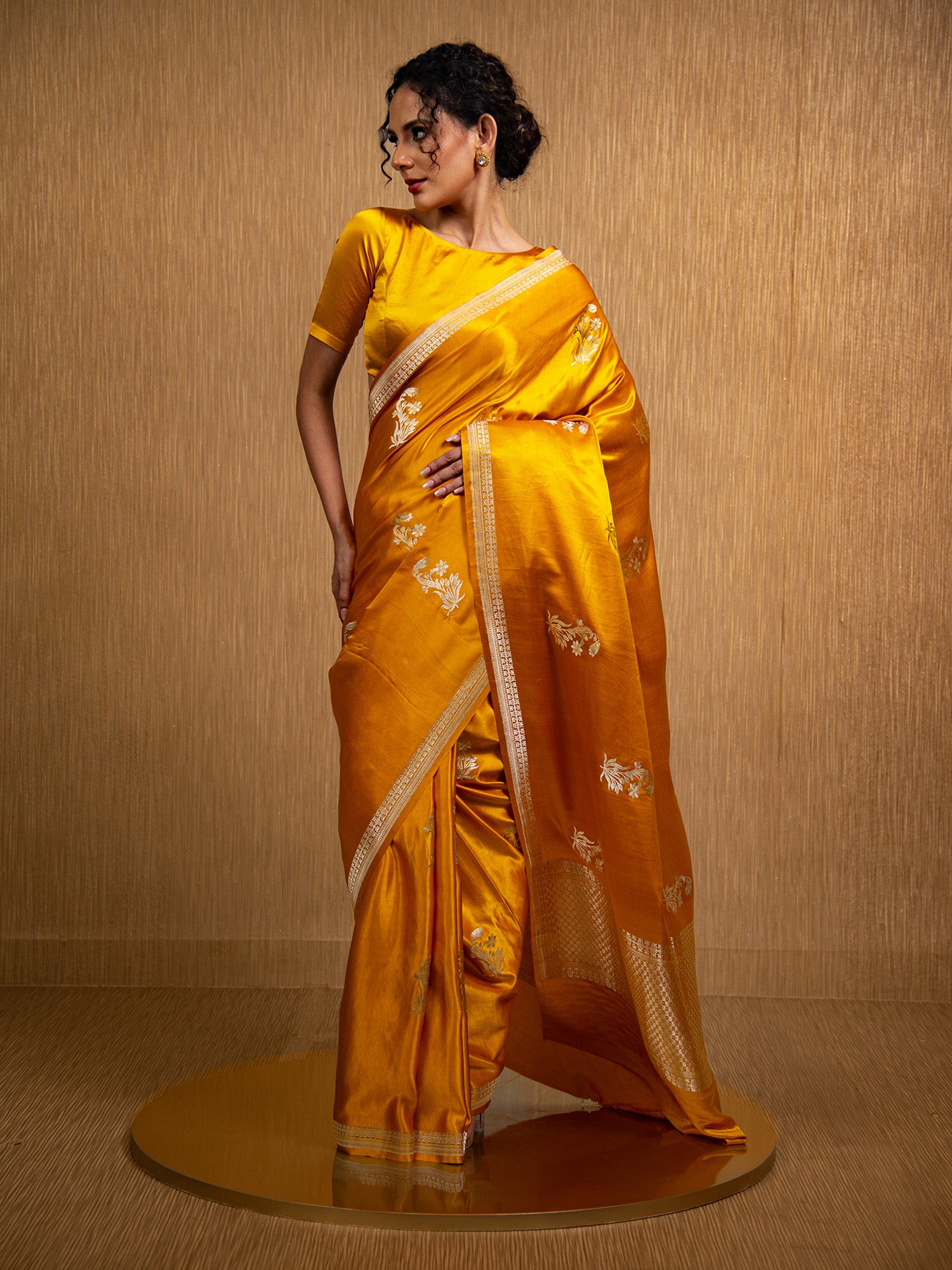 Mustard Boota Satin Silk Handloom Banarasi Saree - Sacred Weaves