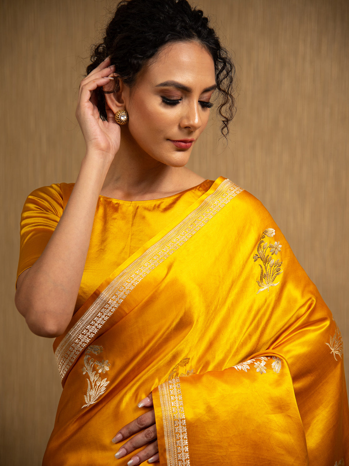 Mustard Boota Satin Silk Handloom Banarasi Saree - Sacred Weaves