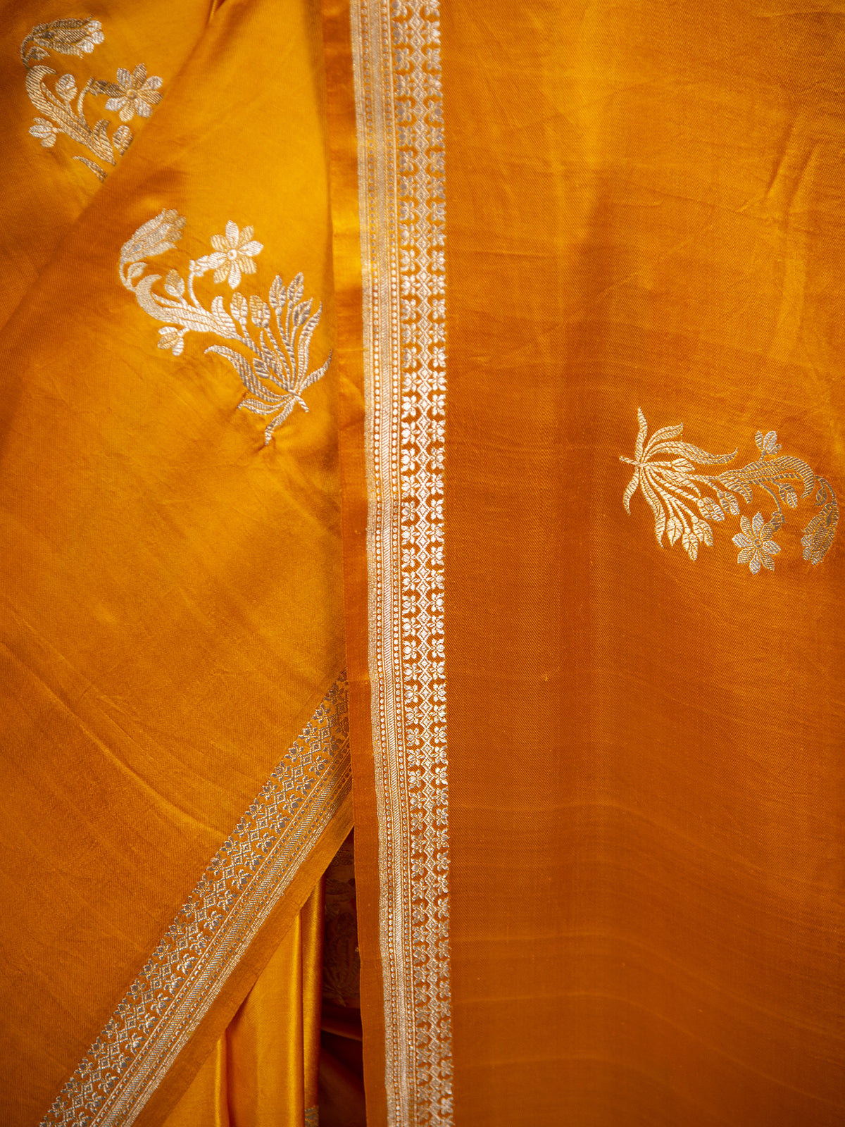 Mustard Boota Satin Silk Handloom Banarasi Saree - Sacred Weaves