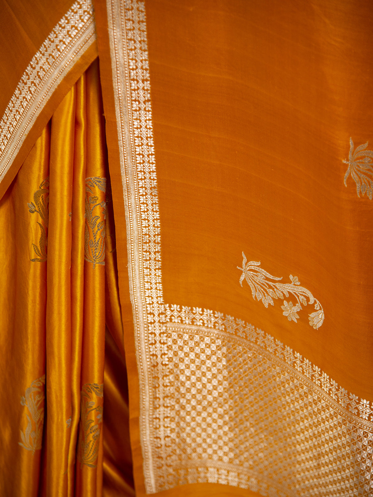 Mustard Boota Satin Silk Handloom Banarasi Saree - Sacred Weaves