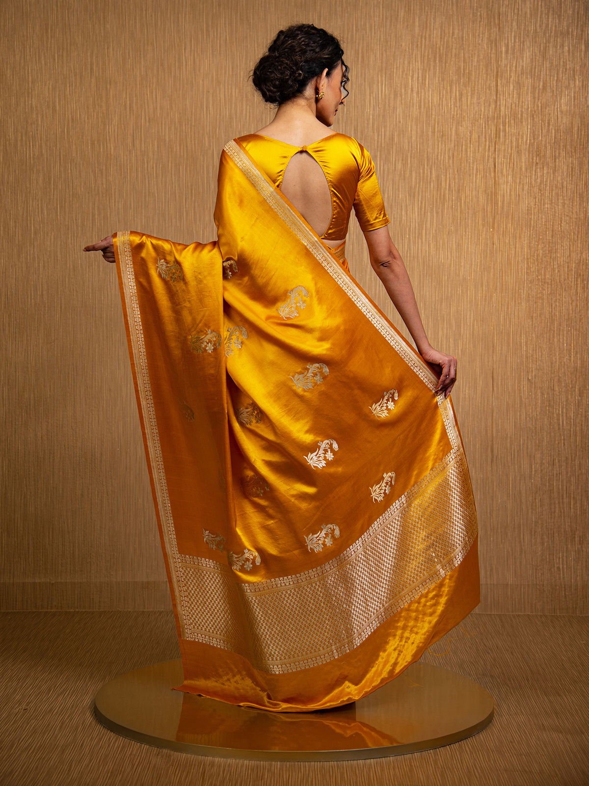 Mustard Boota Satin Silk Handloom Banarasi Saree - Sacred Weaves