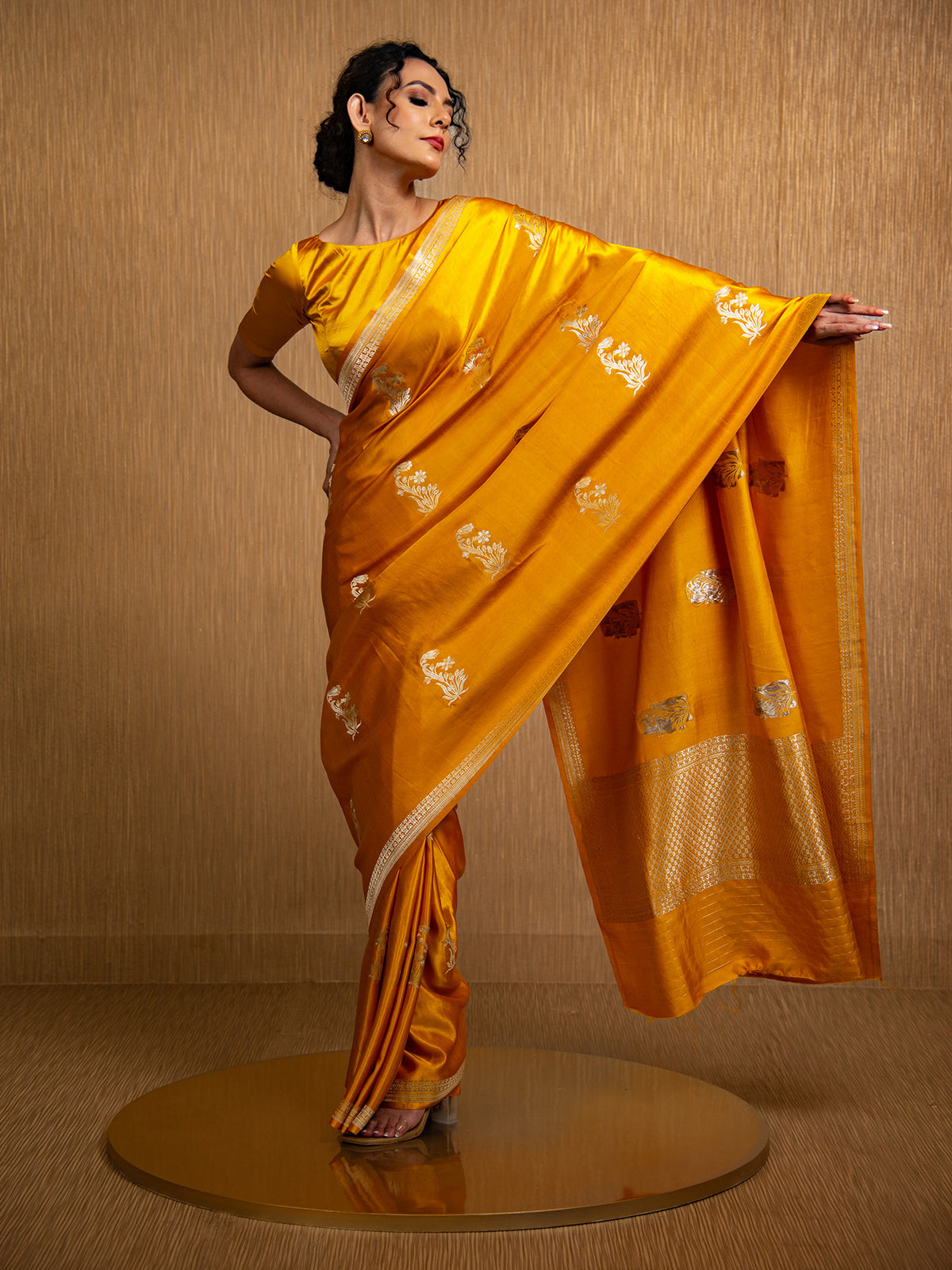 Mustard Boota Satin Silk Handloom Banarasi Saree - Sacred Weaves