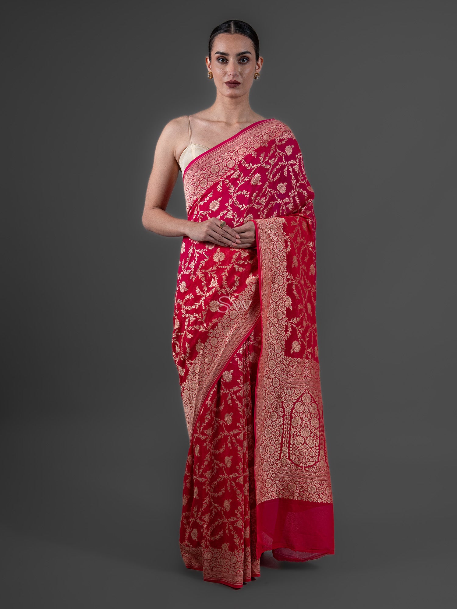 Red Pink Jaal Khaddi Georgette Handloom Banarasi Saree - Sacred Weaves