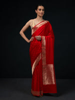 Red Satin Tanchoi Handloom Banarasi Saree - Sacred Weaves