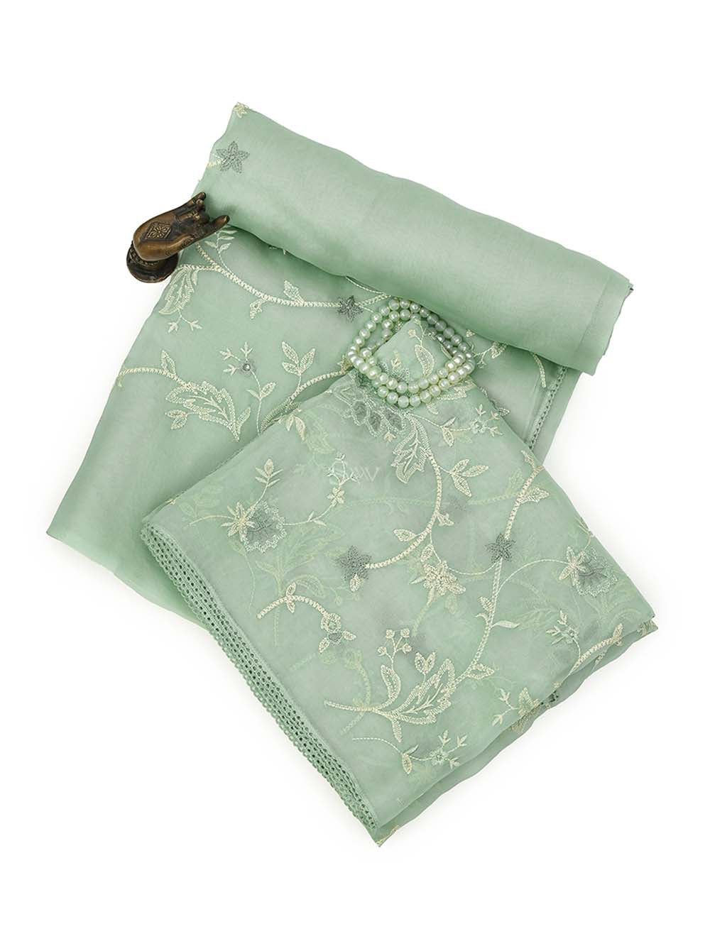 Pastel Green Embroidery Organza Handloom Banarasi Suit - Sacred Weaves