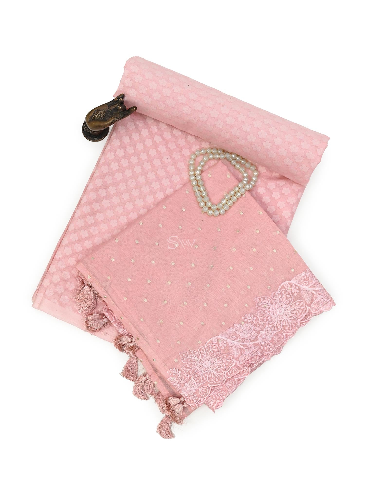 Pastel Pink Booti Cotton Silk Handloom Banarasi Suit - Sacred Weaves