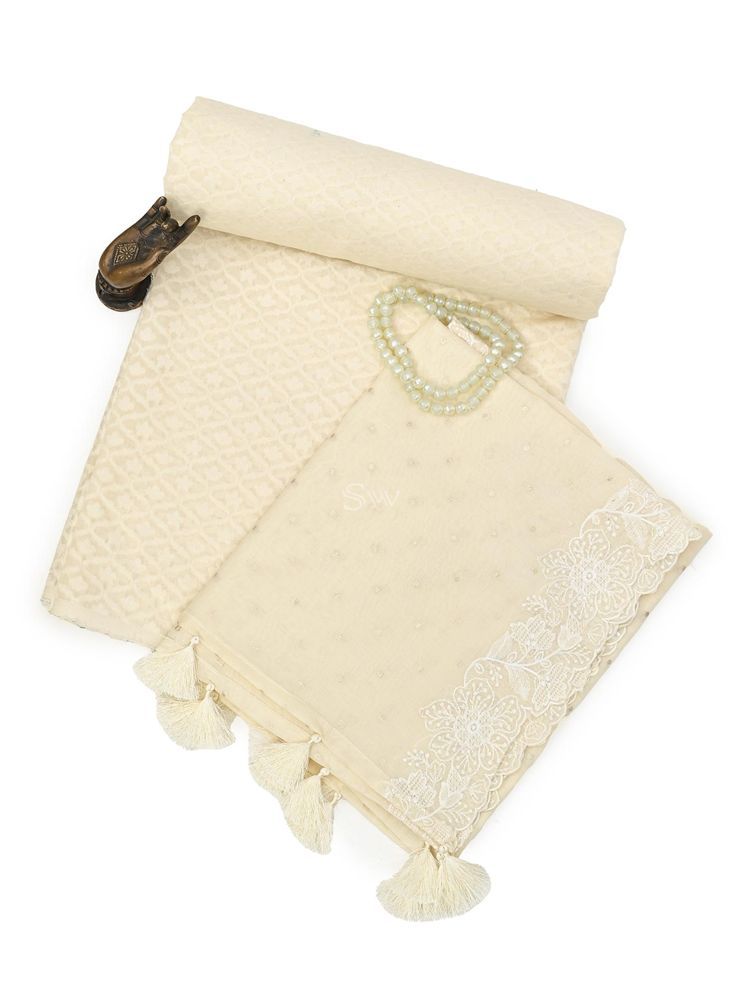 Cream Booti Cotton Silk Handloom Banarasi Suit - Sacred Weaves