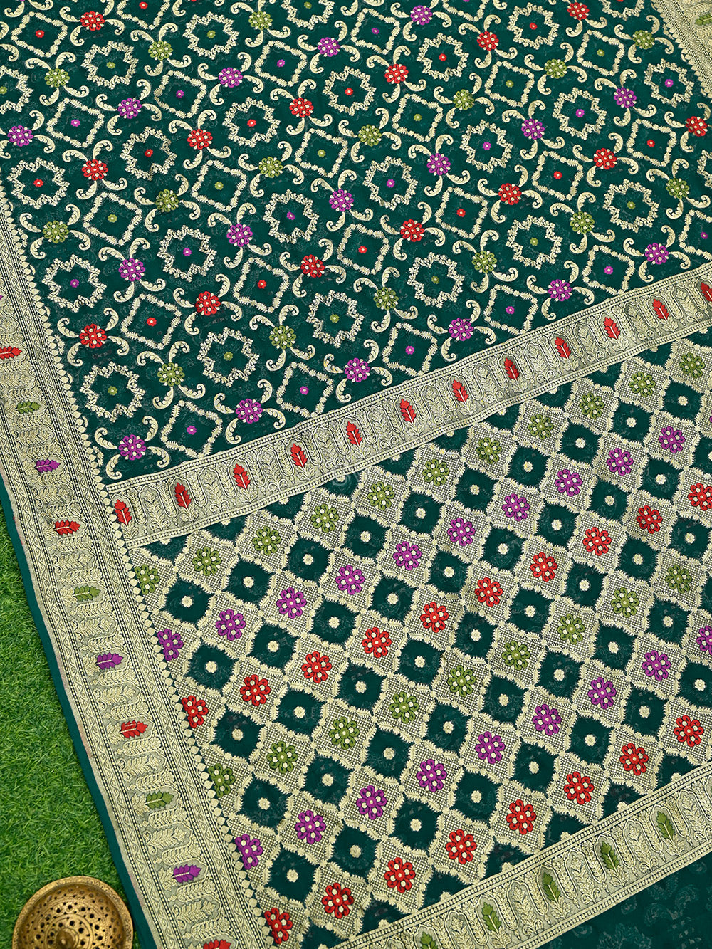 Teal Green Meenakari Jaal Khaddi Georgette Handloom Banarasi Saree - Sacred Weaves