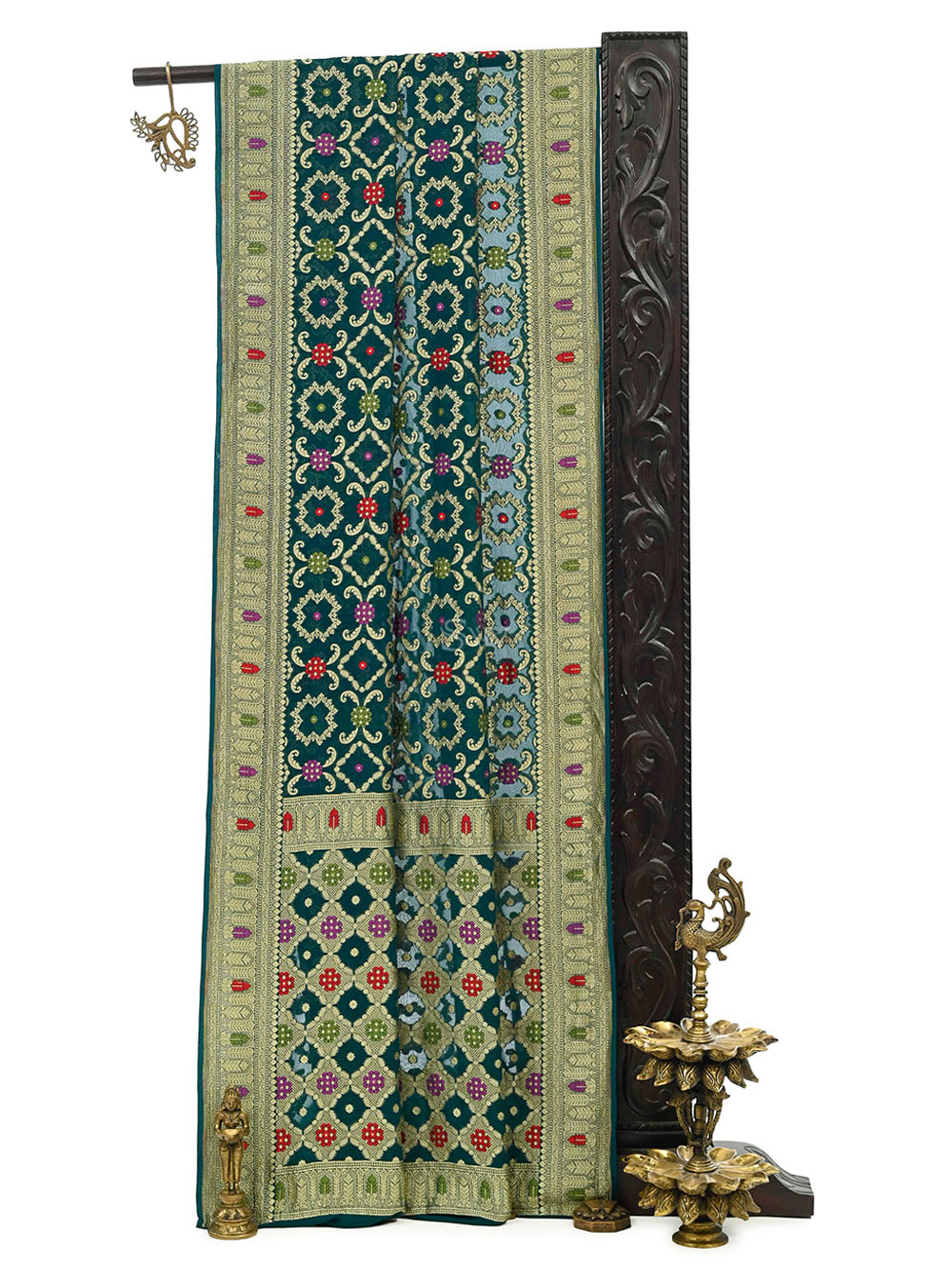 Teal Green Meenakari Jaal Khaddi Georgette Handloom Banarasi Saree - Sacred Weaves