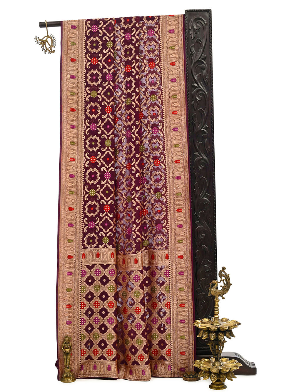 Wine Meenakari Jaal Khaddi Georgette Handloom Banarasi Saree