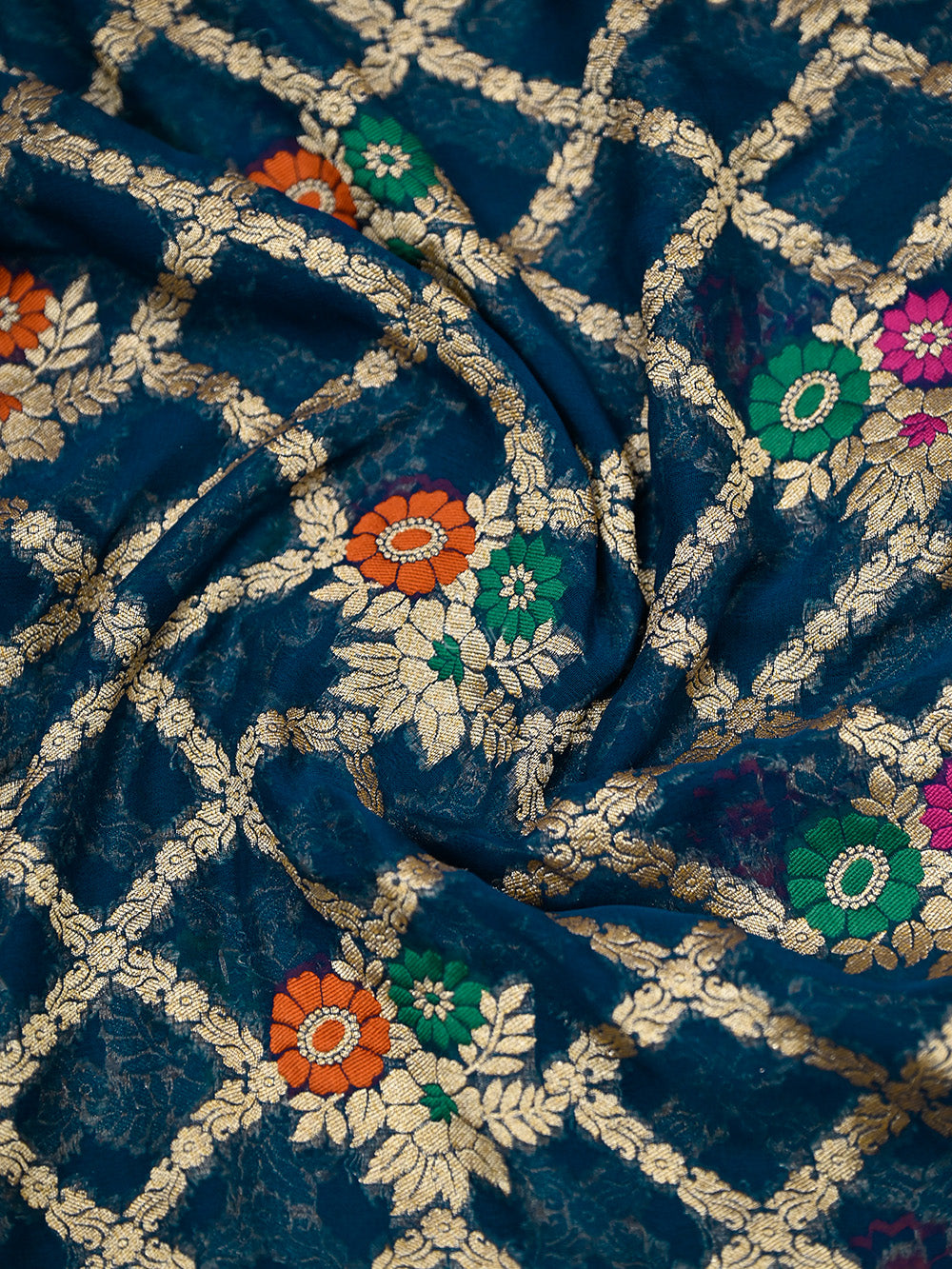 Midnight Blue Meenakari Jaal Khaddi Georgette Handloom Banarasi Saree - Sacred Weaves