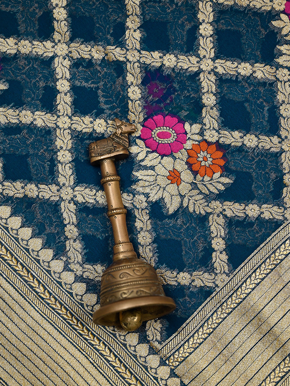 Midnight Blue Meenakari Jaal Khaddi Georgette Handloom Banarasi Saree - Sacred Weaves