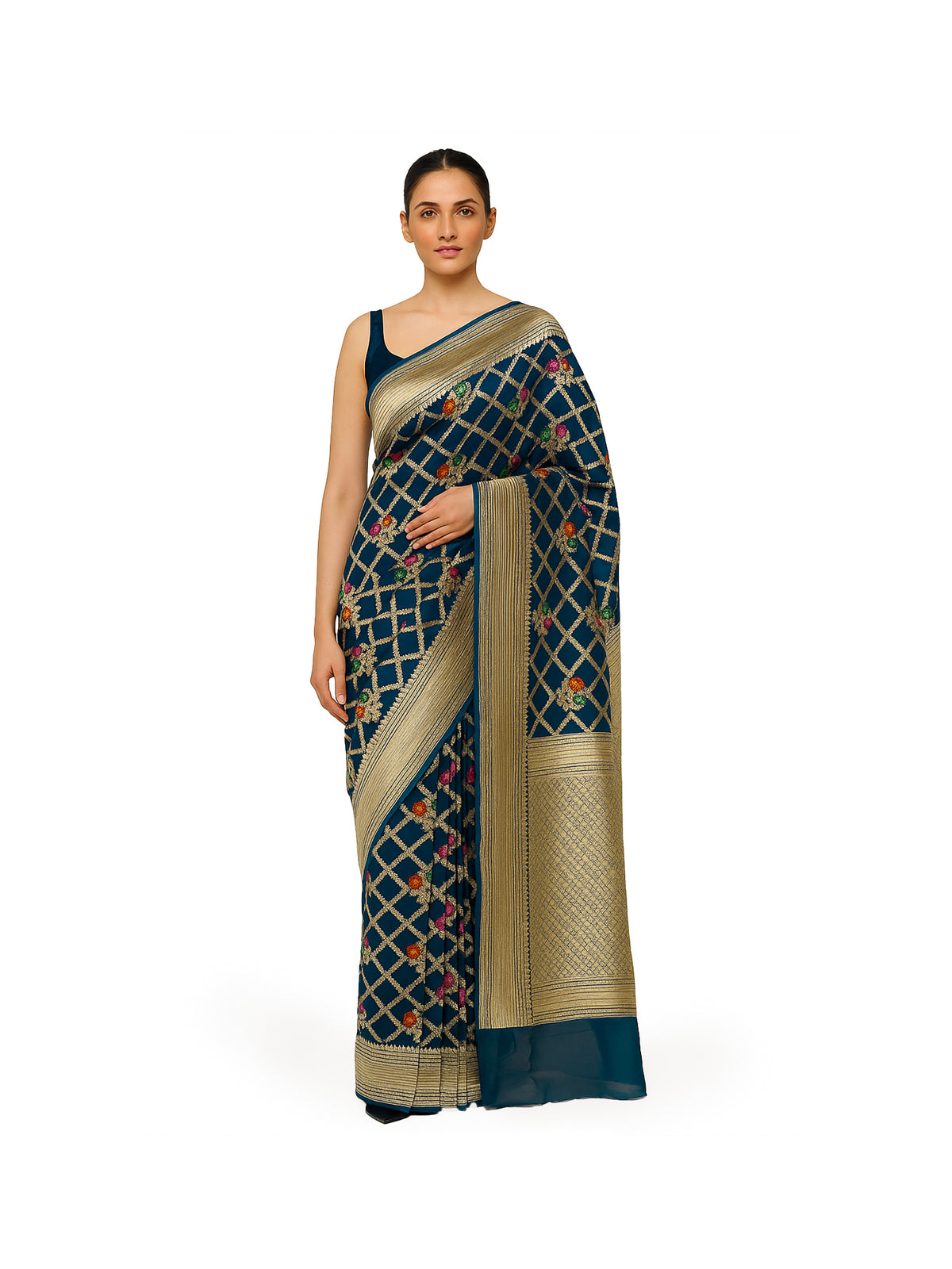 Midnight Blue Meenakari Jaal Khaddi Georgette Handloom Banarasi Saree