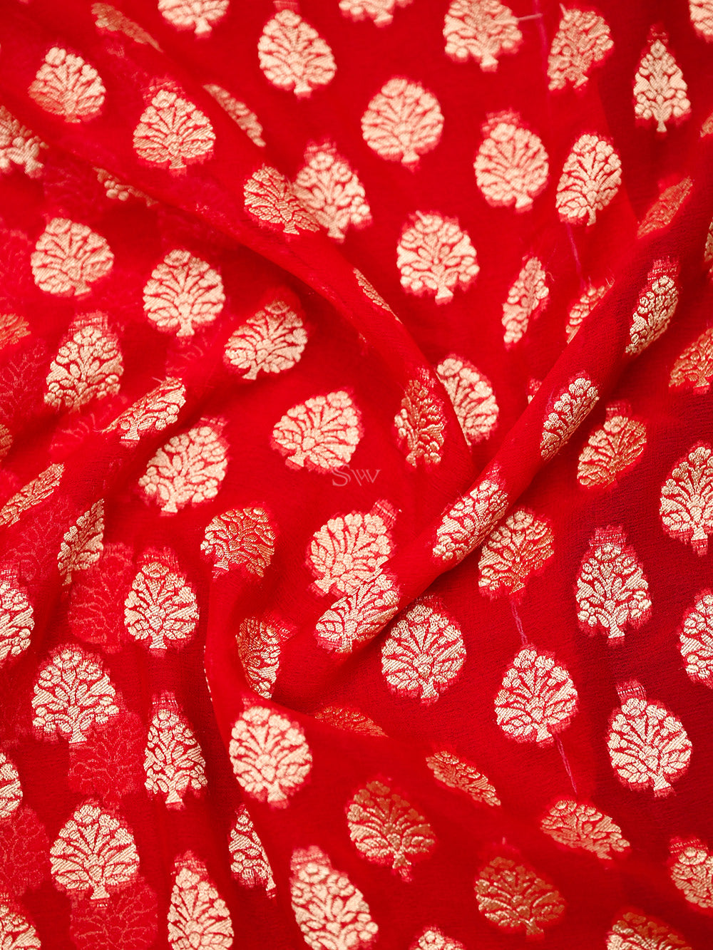 Red Booti Khaddi Georgette Handloom Banarasi Saree - Sacred Weaves