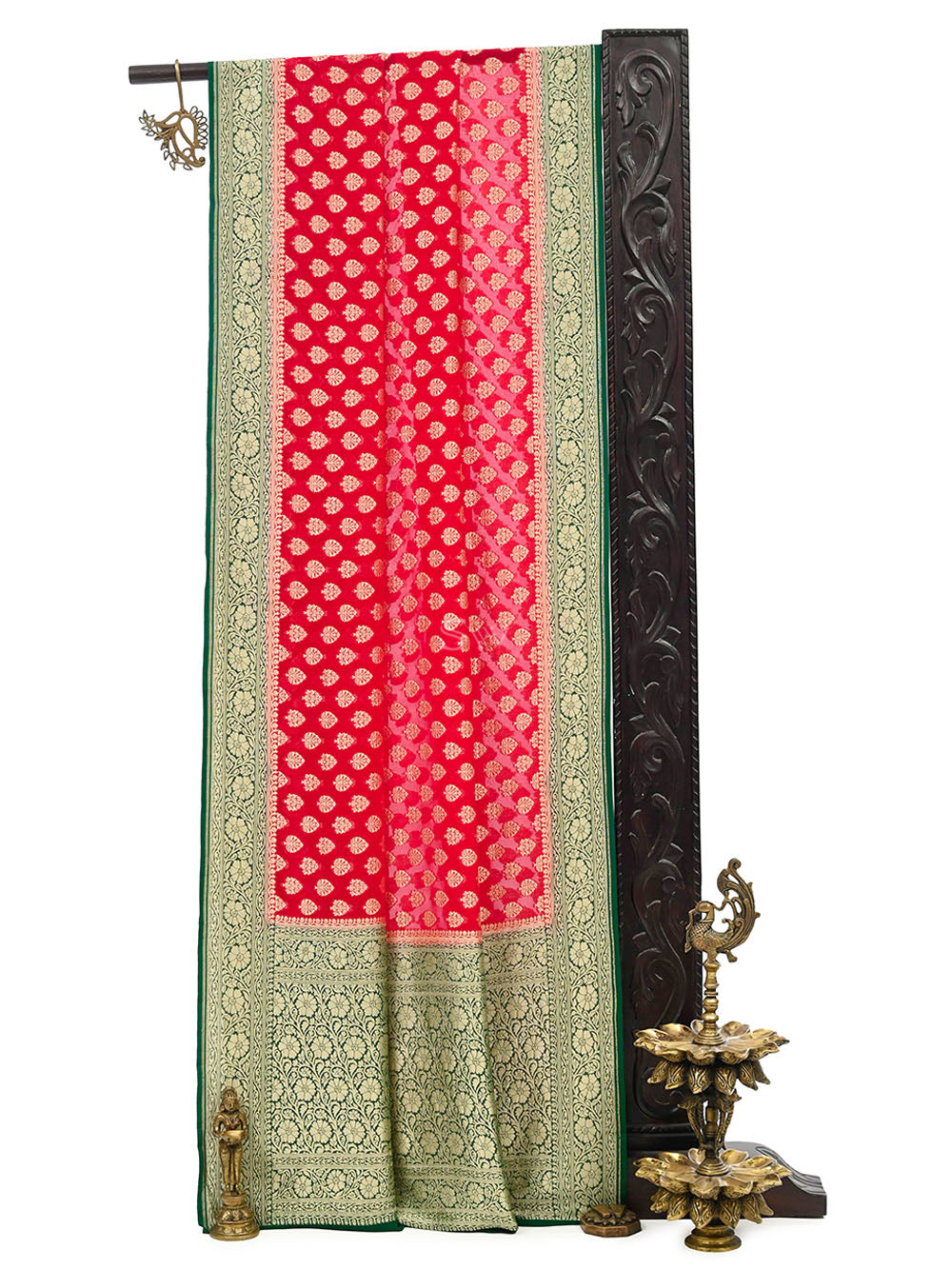 Red Booti Khaddi Georgette Handloom Banarasi Saree - Sacred Weaves