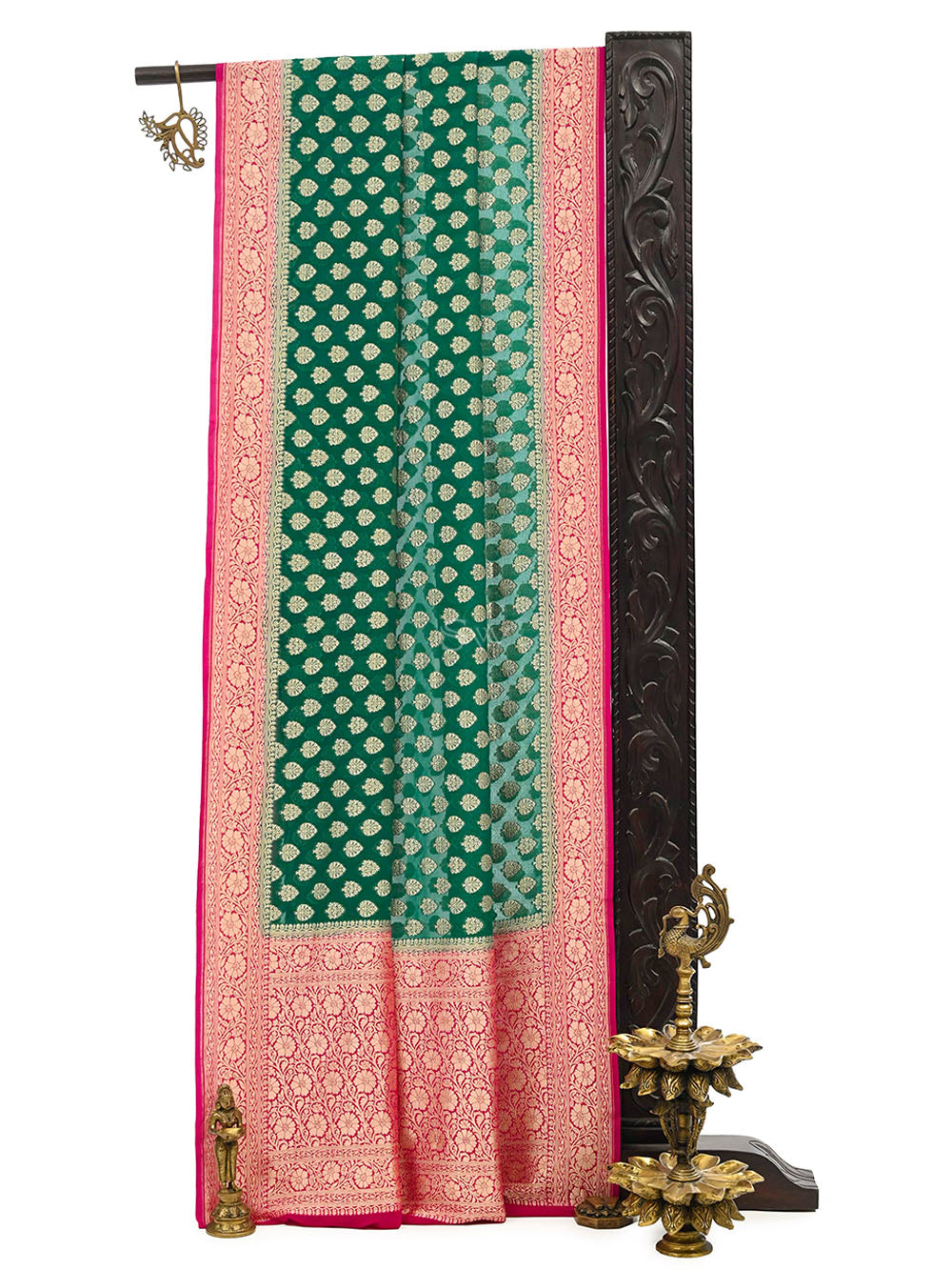 Bottle Green Booti Khaddi Georgette Handloom Banarasi Saree - Sacred Weaves