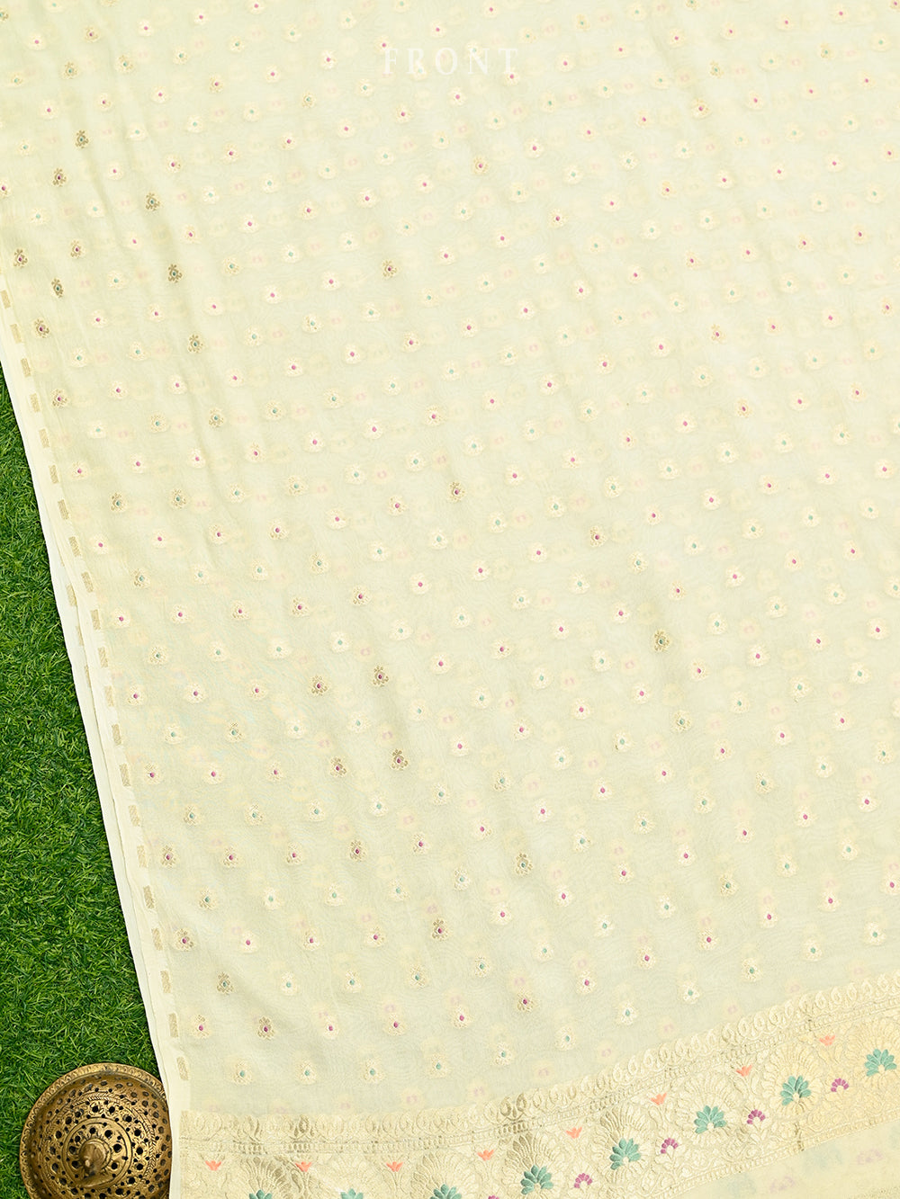 Off White Meenakari Khaddi Georgette Handloom Banarasi Suit - Sacred Weaves
