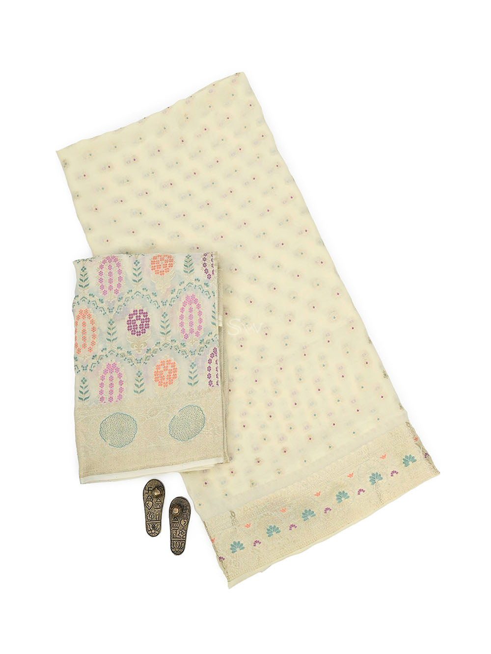 Off White Meenakari Khaddi Georgette Handloom Banarasi Suit - Sacred Weaves