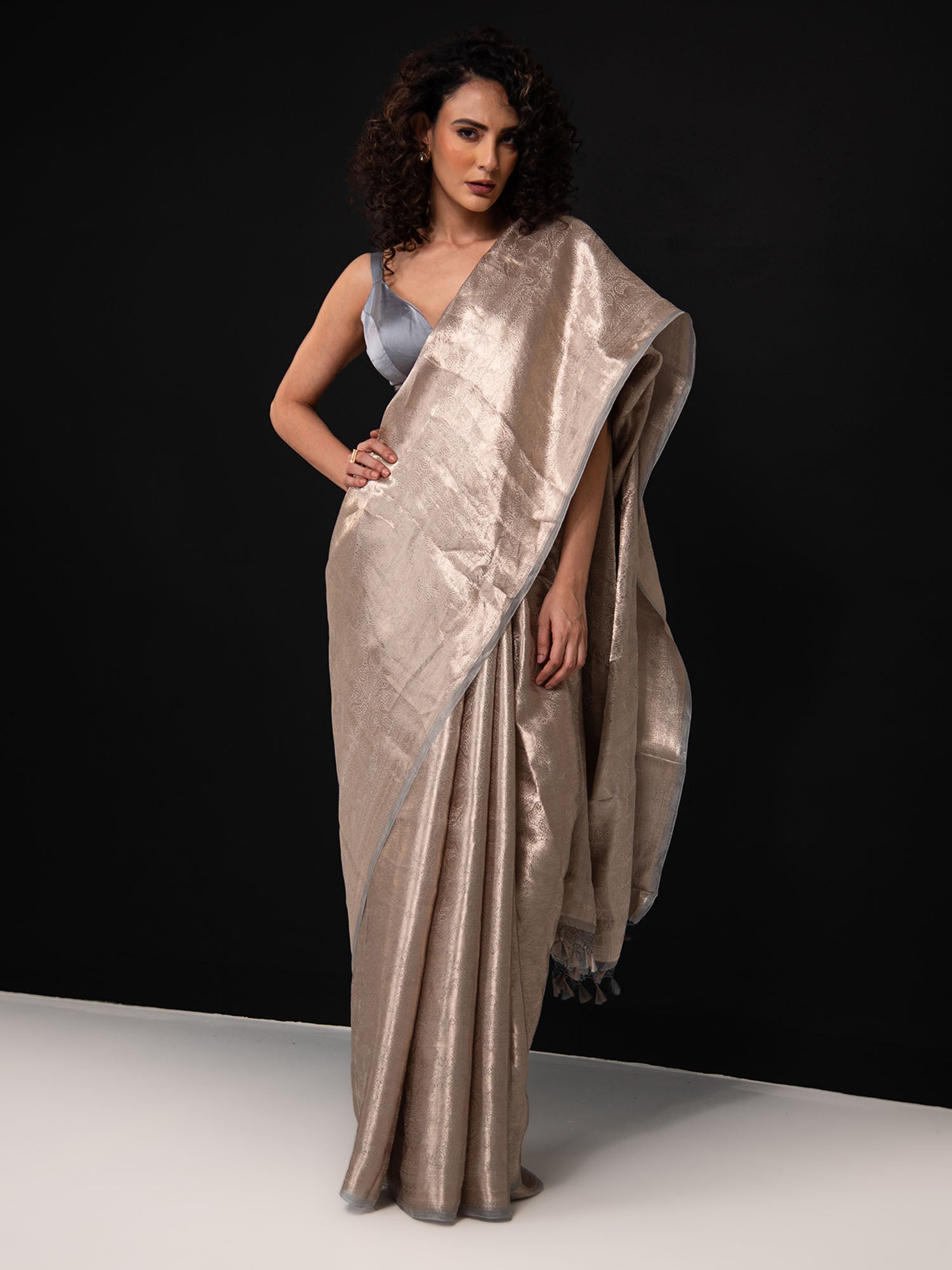 Grey Tissue Brocade Handloom Banarasi Saree - Sacred Weaves