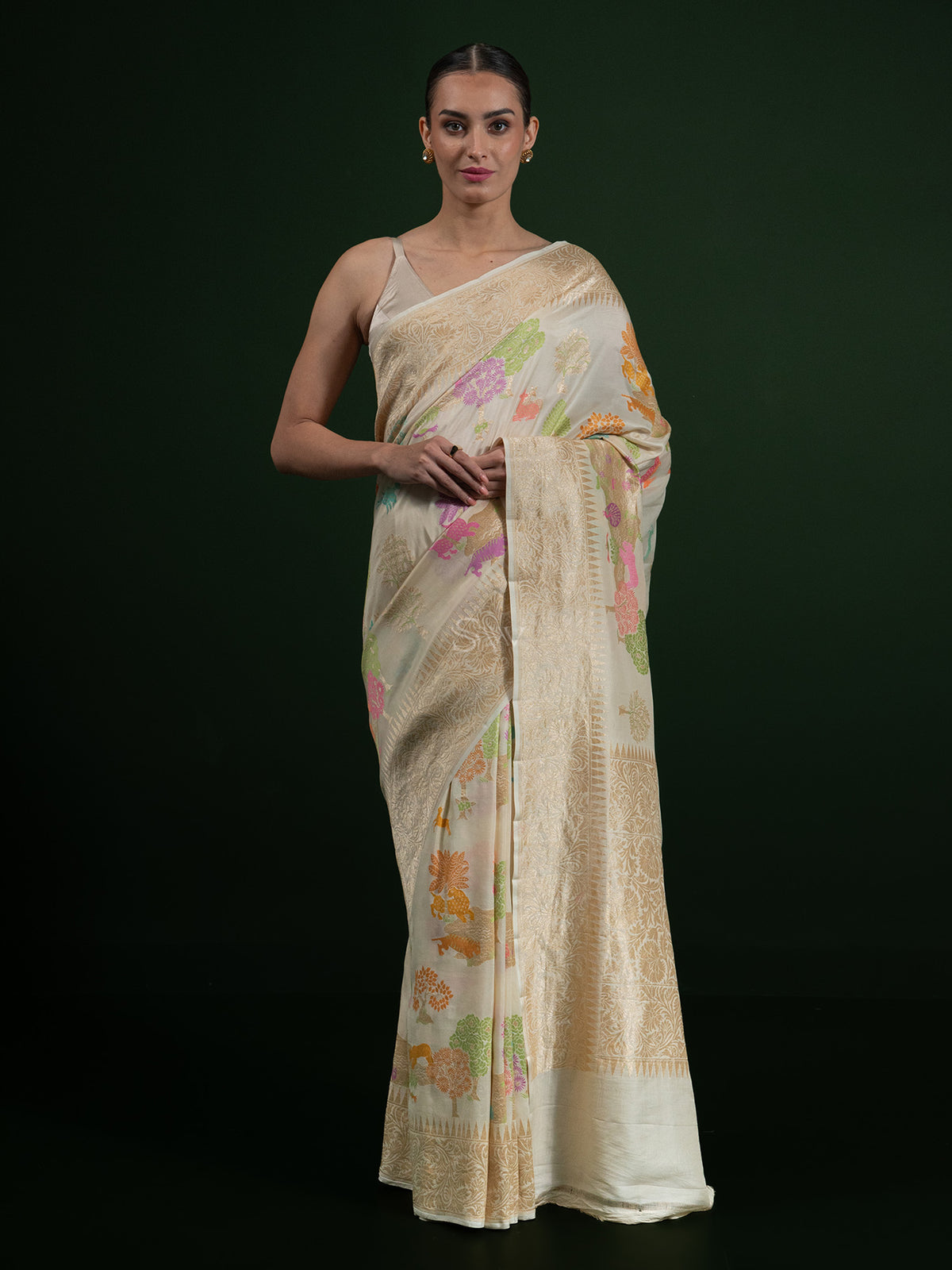 Off White Katan Silk Handloom Banarasi Saree - Sacred Weaves