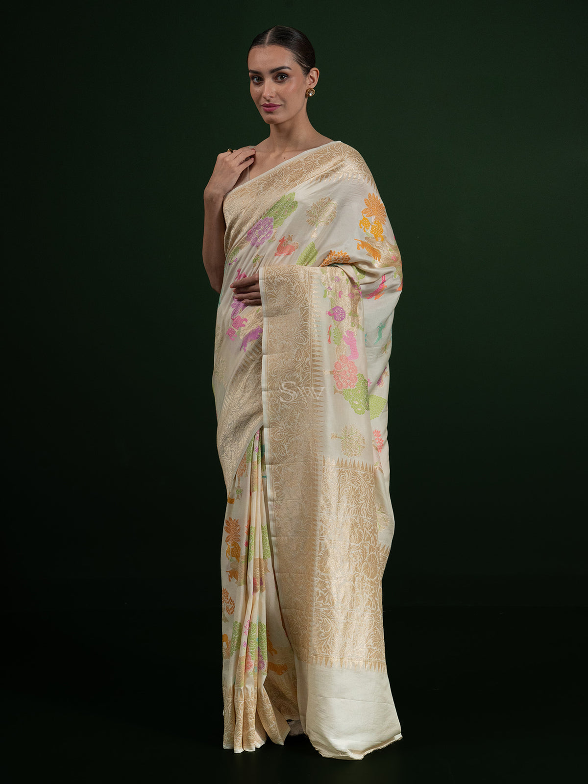 Off White Katan Silk Handloom Banarasi Saree - Sacred Weaves