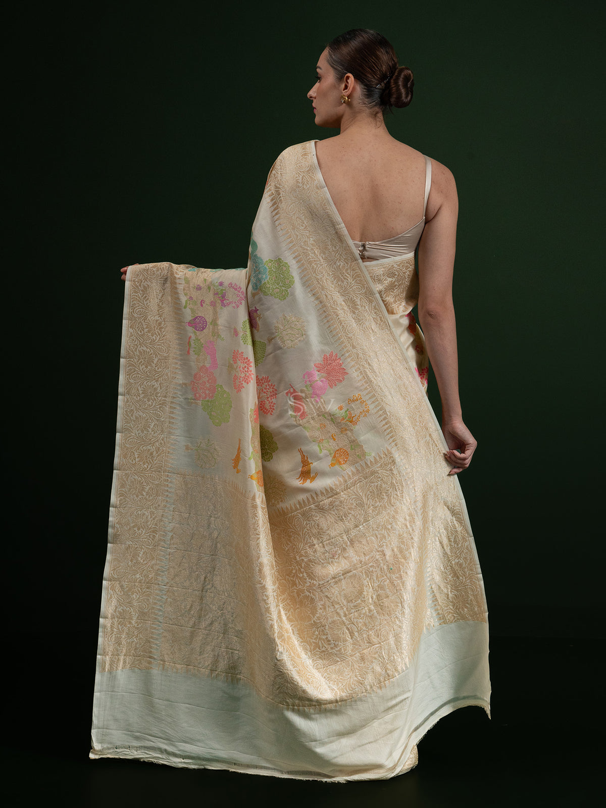 Off White Katan Silk Handloom Banarasi Saree - Sacred Weaves