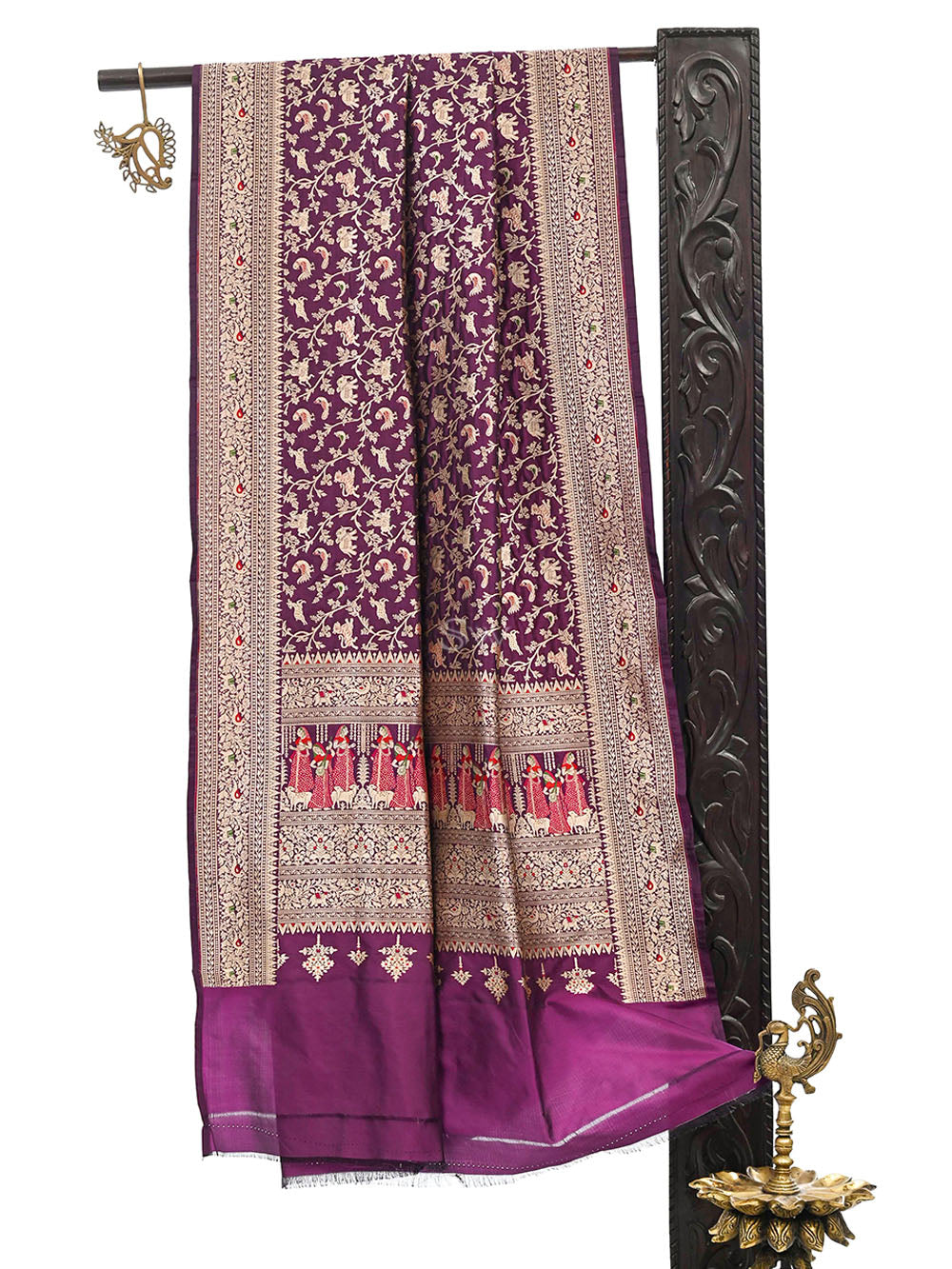 Purple Shikargah Brocade Katan Silk Handloom Banarasi Dupatta - Sacred Weaves