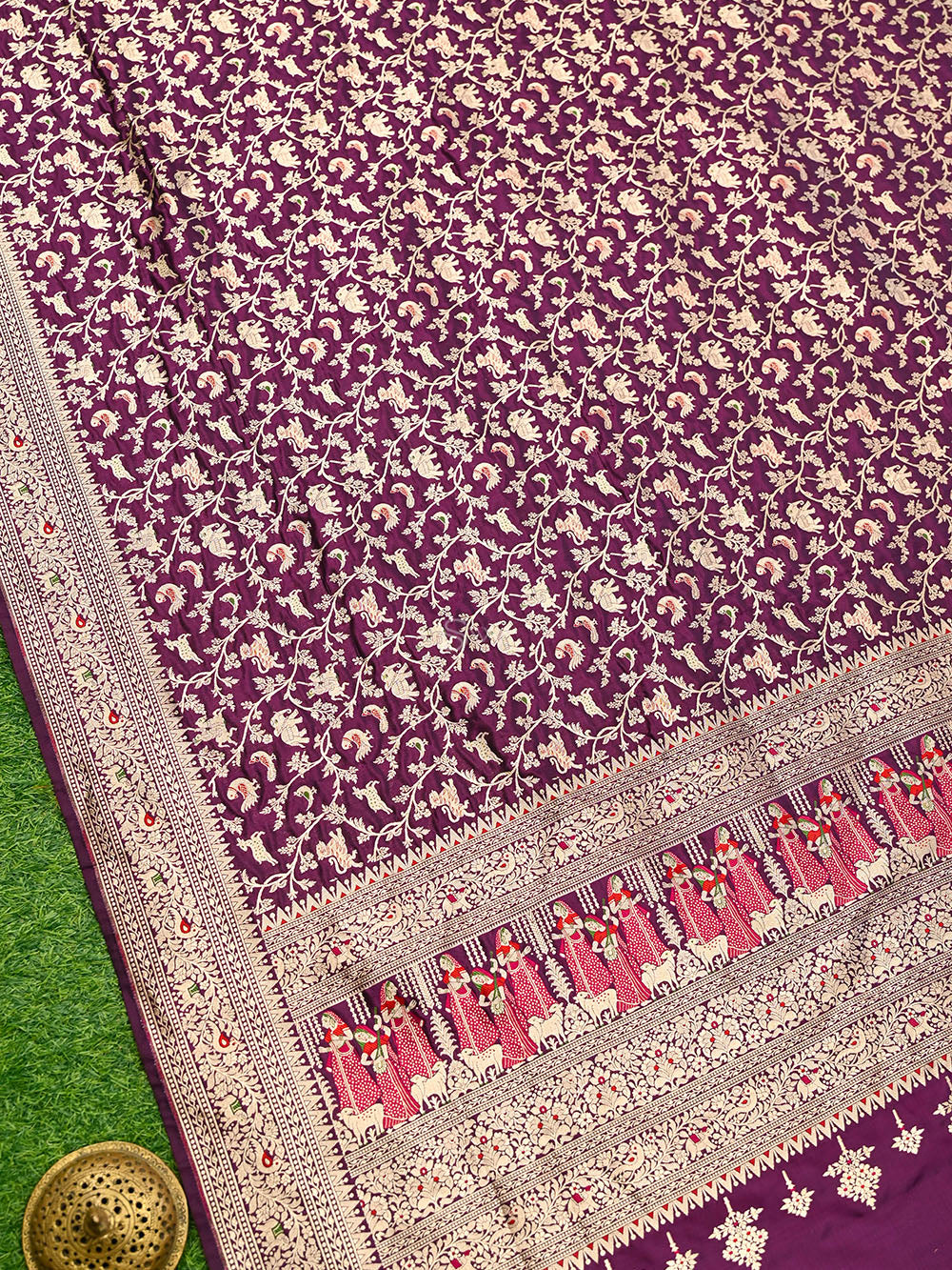 Purple Shikargah Brocade Katan Silk Handloom Banarasi Dupatta - Sacred Weaves