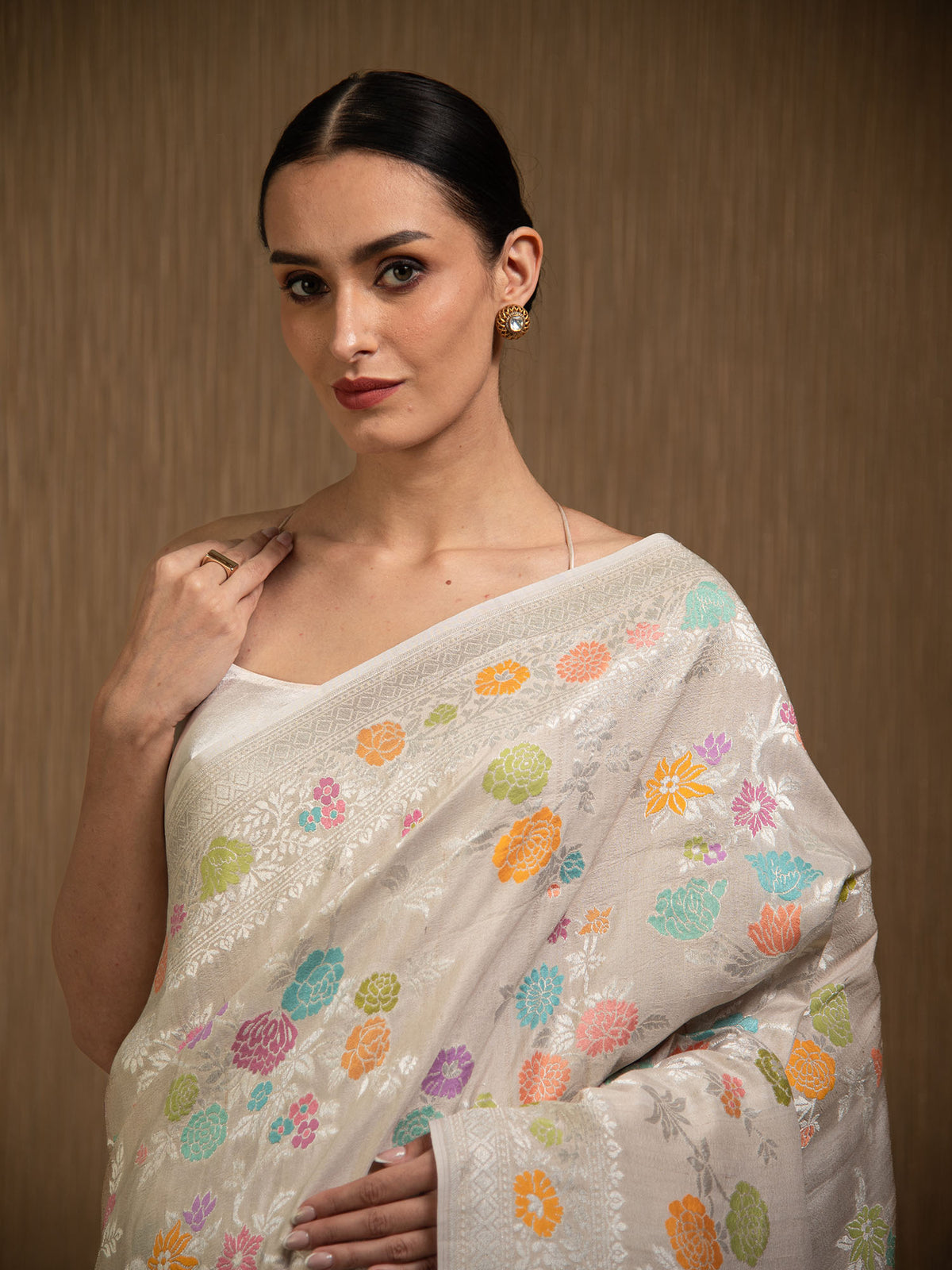 Off White Tussar Georgette Handloom Banarasi Saree