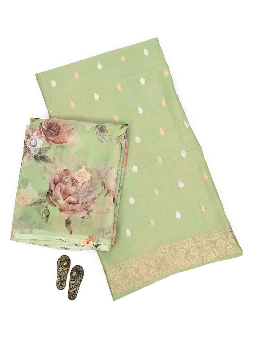 Pista Green Booti Moonga Silk Handloom Banarasi Suit - Sacred Weaves