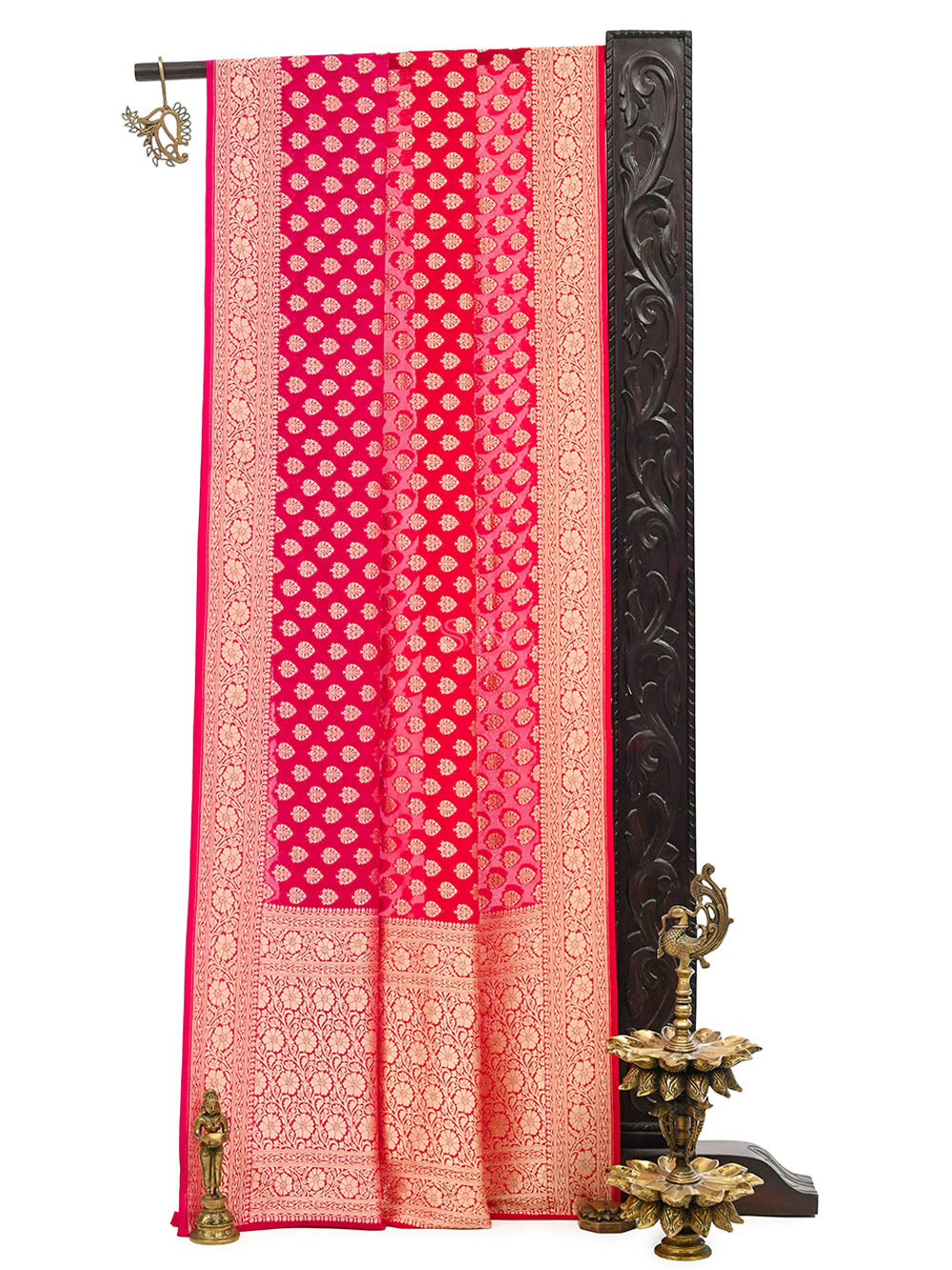 Pink Red Booti Khaddi Georgette Handloom Banarasi Saree - Sacred Weaves