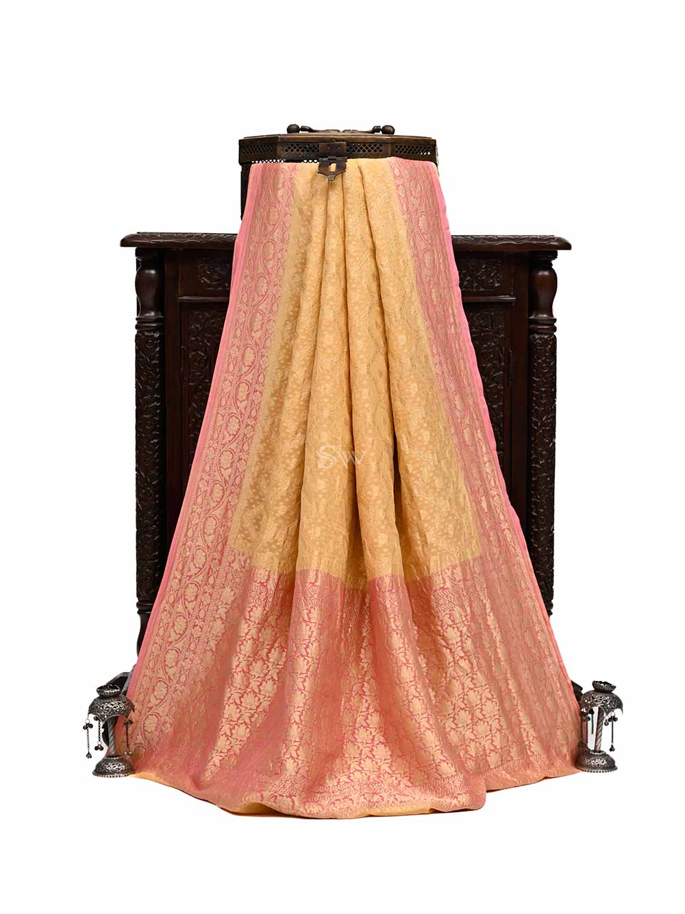Pastel Orange Jaal Khaddi Georgette Handloom Banarasi Saree - Sacred Weaves