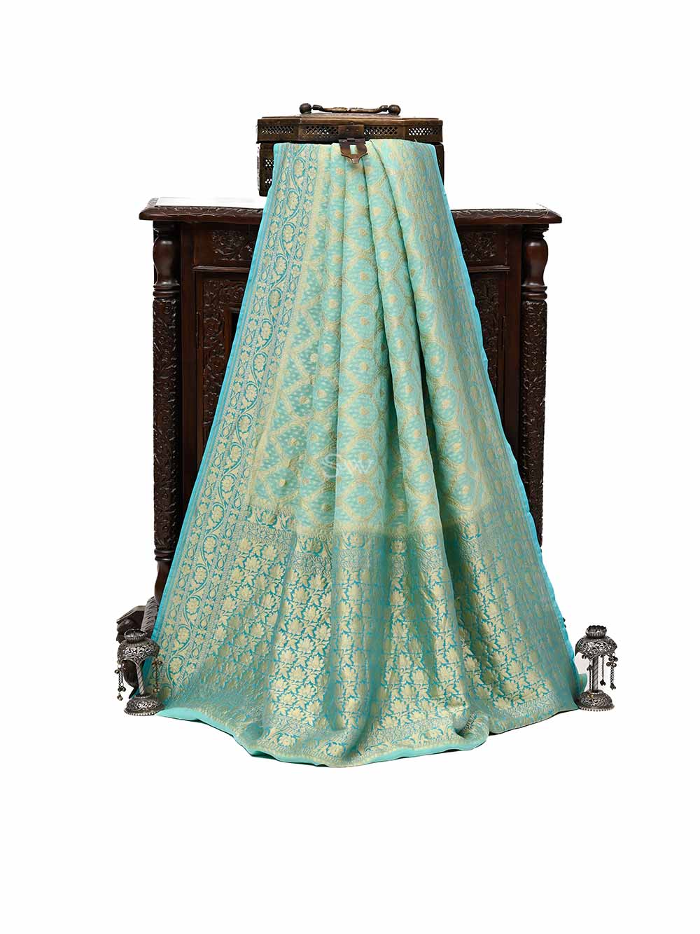 Aqua Blue Jaal Khaddi Georgette Handloom Banarasi Saree - Sacred Weaves