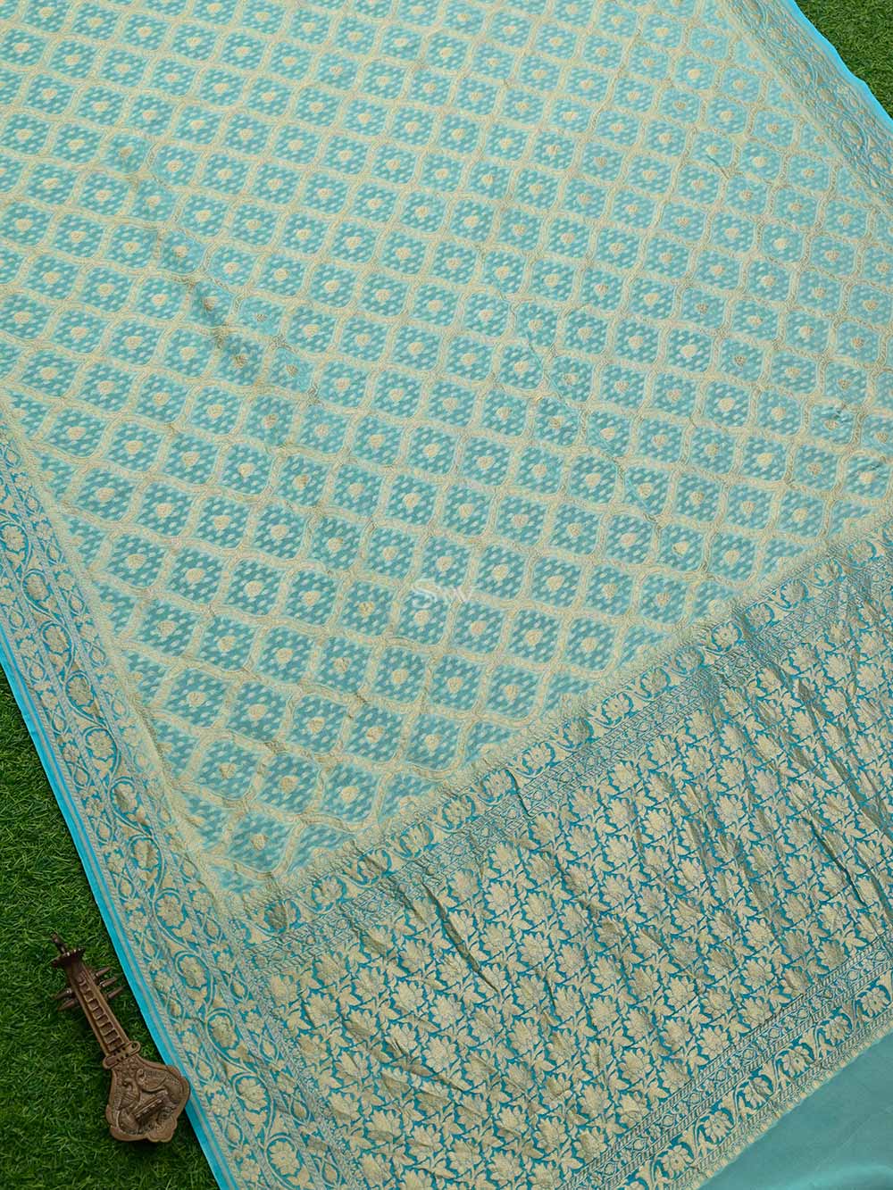 Aqua Blue Jaal Khaddi Georgette Handloom Banarasi Saree - Sacred Weaves