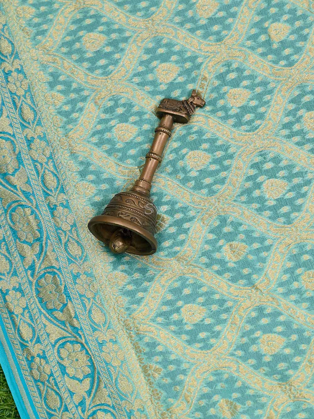 Aqua Blue Jaal Khaddi Georgette Handloom Banarasi Saree - Sacred Weaves