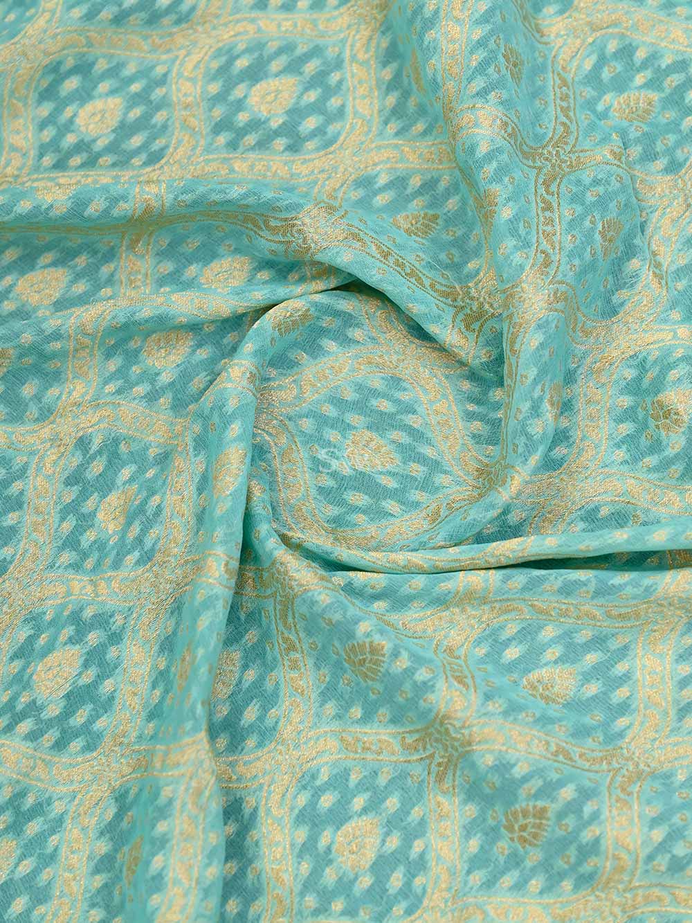 Aqua Blue Jaal Khaddi Georgette Handloom Banarasi Saree - Sacred Weaves