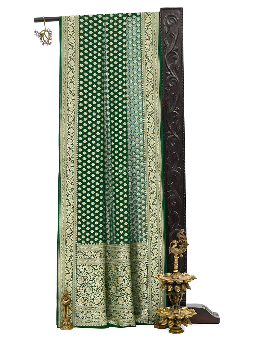Bottle Green Booti Khaddi Georgette Handloom Banarasi Saree - Sacred Weaves