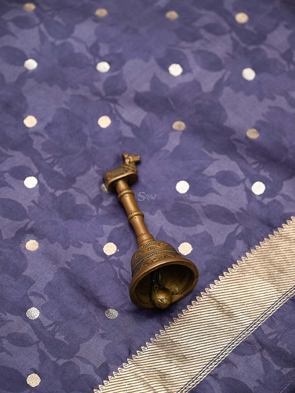 Pastel Navy Blue Booti Silk Handloom Banarasi Suit