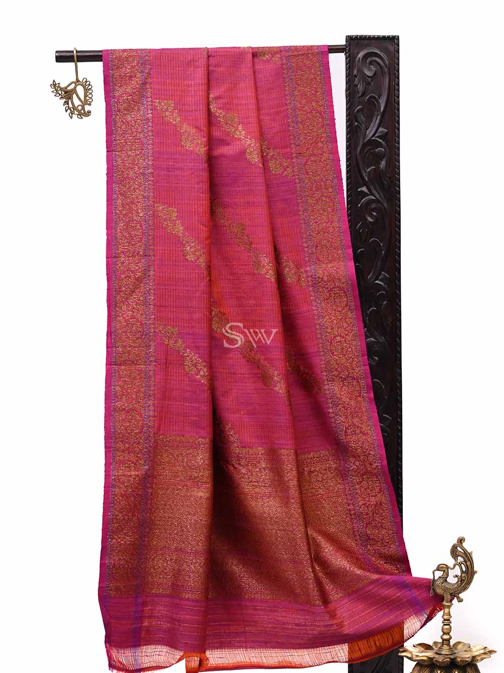 Orange Pink Dupion Silk Handloom Banarasi Dupatta - Sacred Weaves
