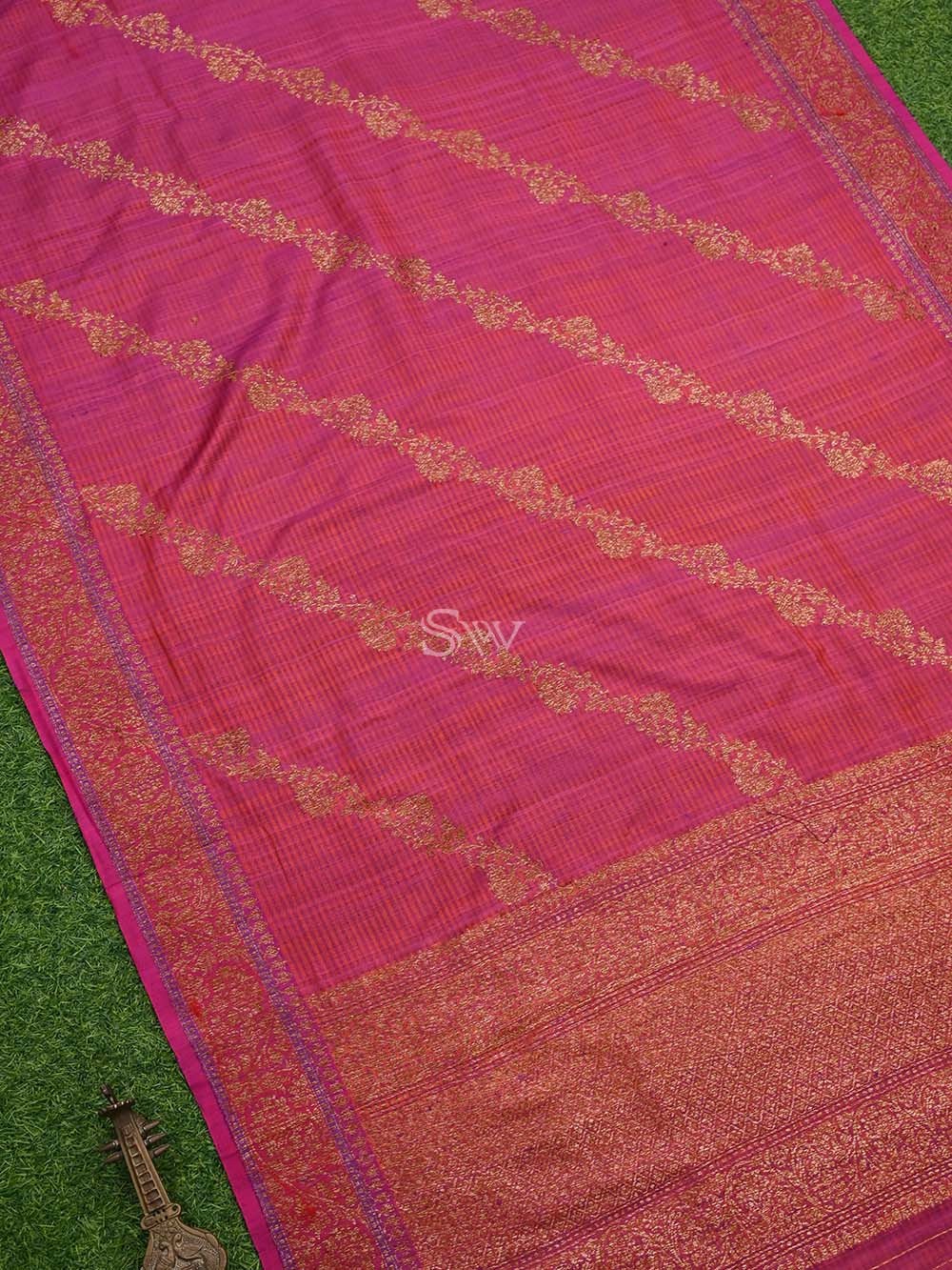 Orange Pink Dupion Silk Handloom Banarasi Dupatta - Sacred Weaves
