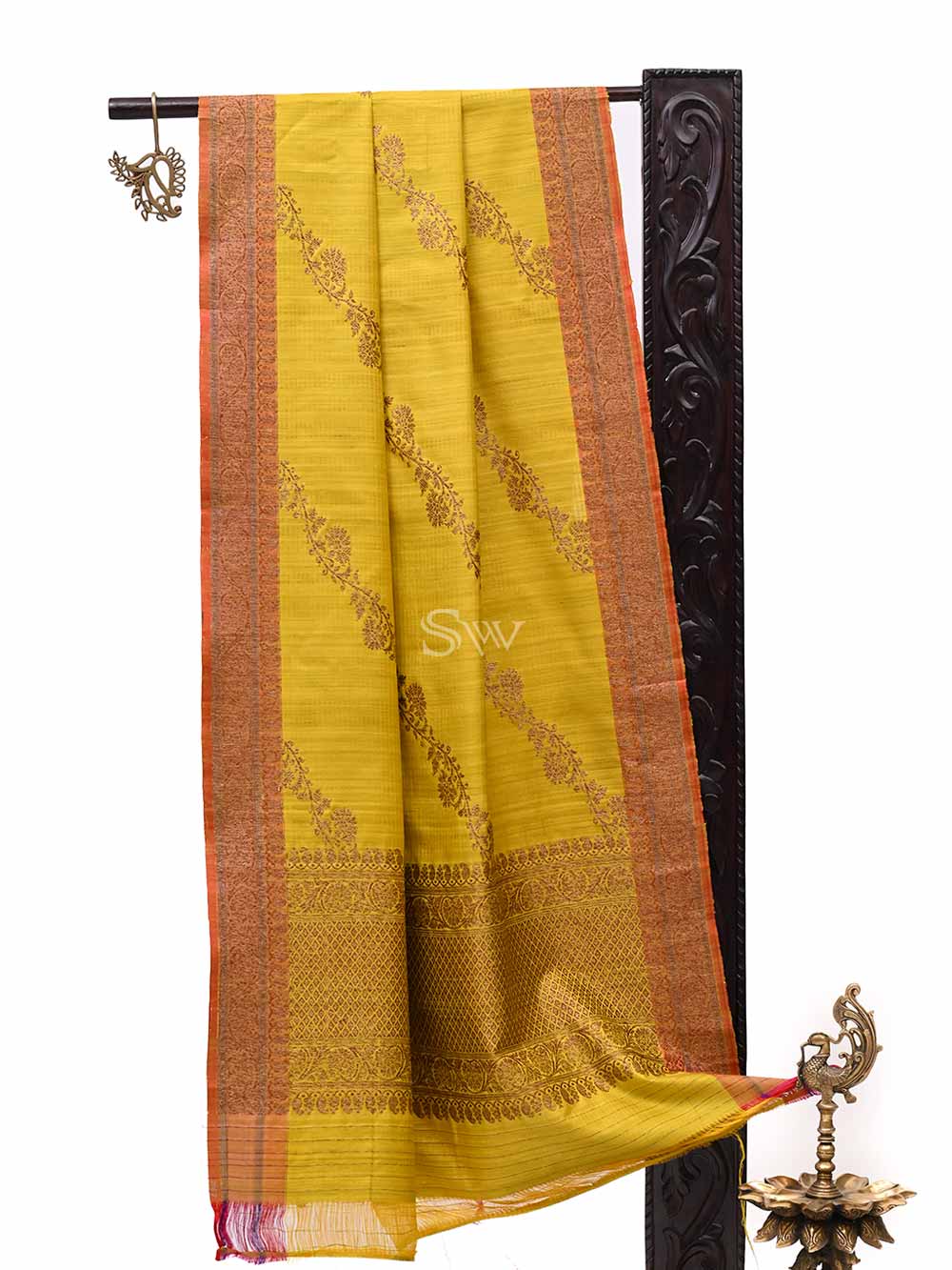 Yellow Dupion Silk Handloom Banarasi Dupatta - Sacred Weaves