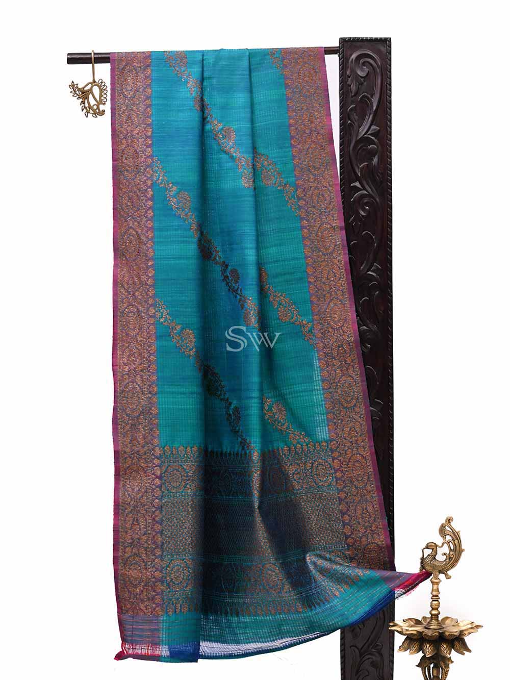 Teal Green Dupion Silk Handloom Banarasi Dupatta - Sacred Weaves