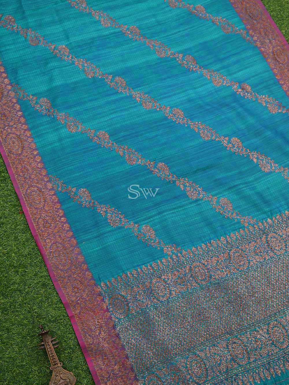 Teal Green Dupion Silk Handloom Banarasi Dupatta - Sacred Weaves