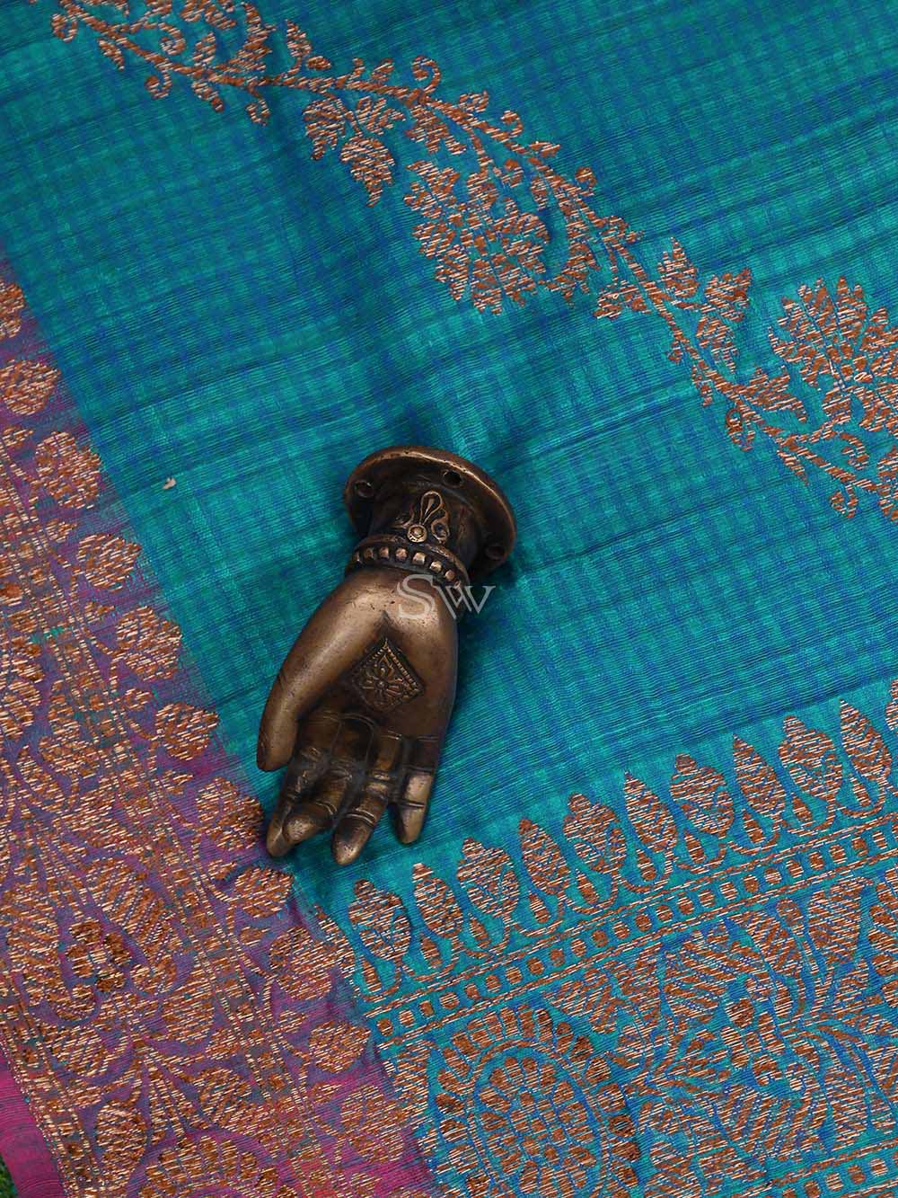 Teal Green Dupion Silk Handloom Banarasi Dupatta - Sacred Weaves