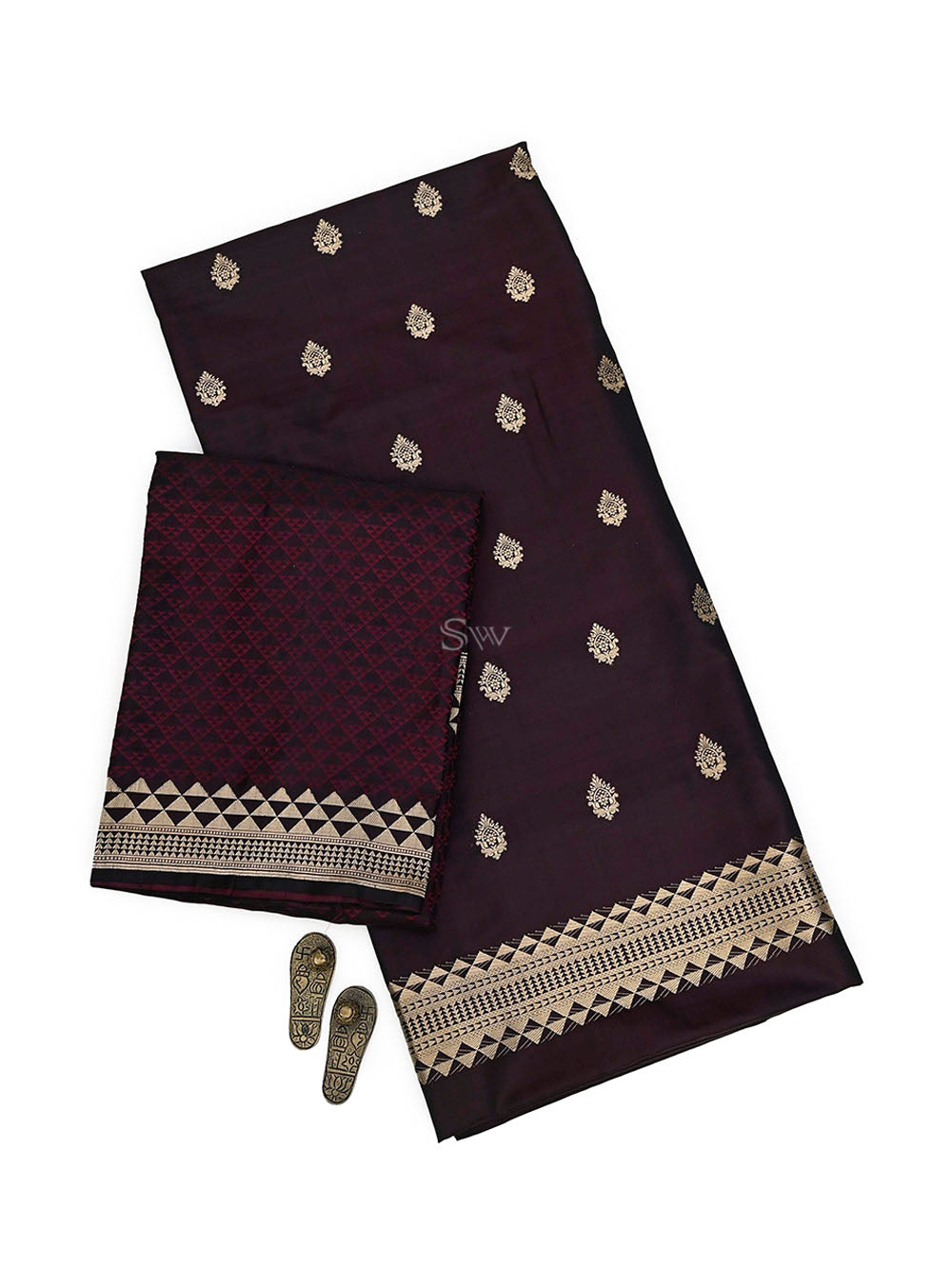 Dark Wine Booti Satin Silk Handloom Banarasi Suit