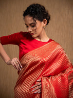 Red Satin Brocade Handloom Banarasi Saree - Sacred Weaves