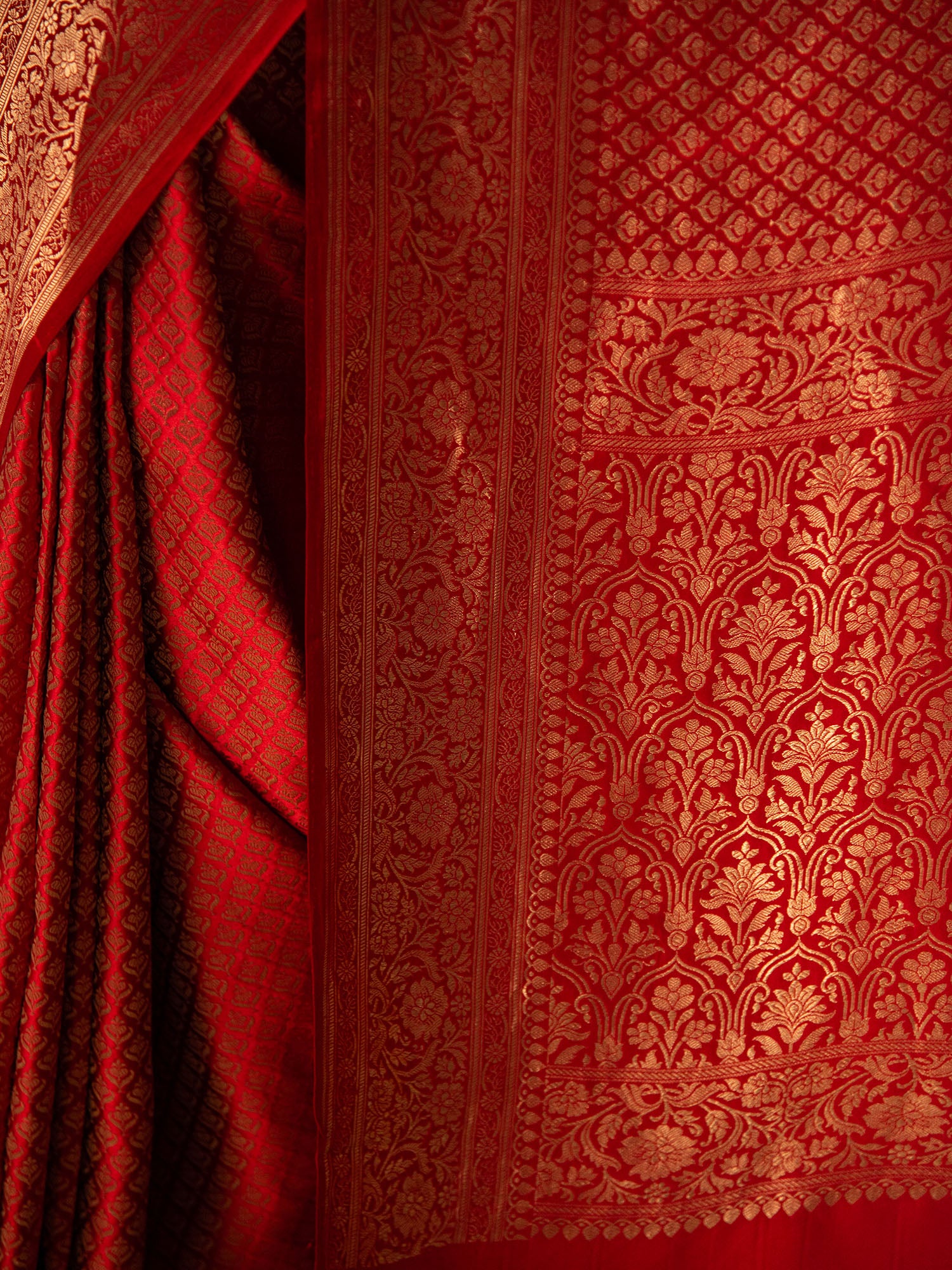 Red Satin Brocade Handloom Banarasi Saree - Sacred Weaves
