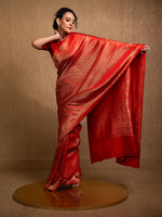 Red Satin Brocade Handloom Banarasi Saree - Sacred Weaves