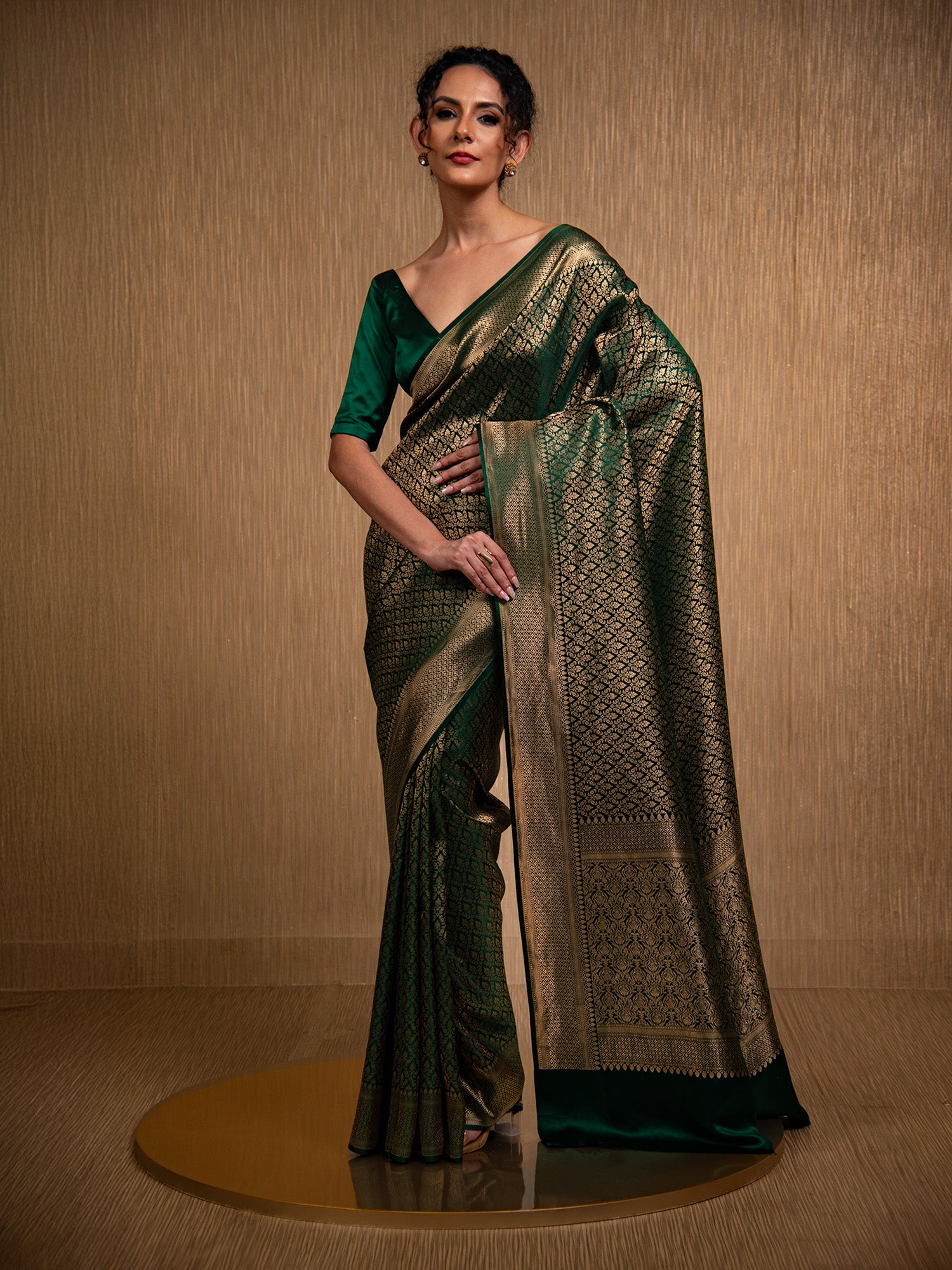 Bottle Green Satin Brocade Handloom Banarasi Saree - Sacred Weaves