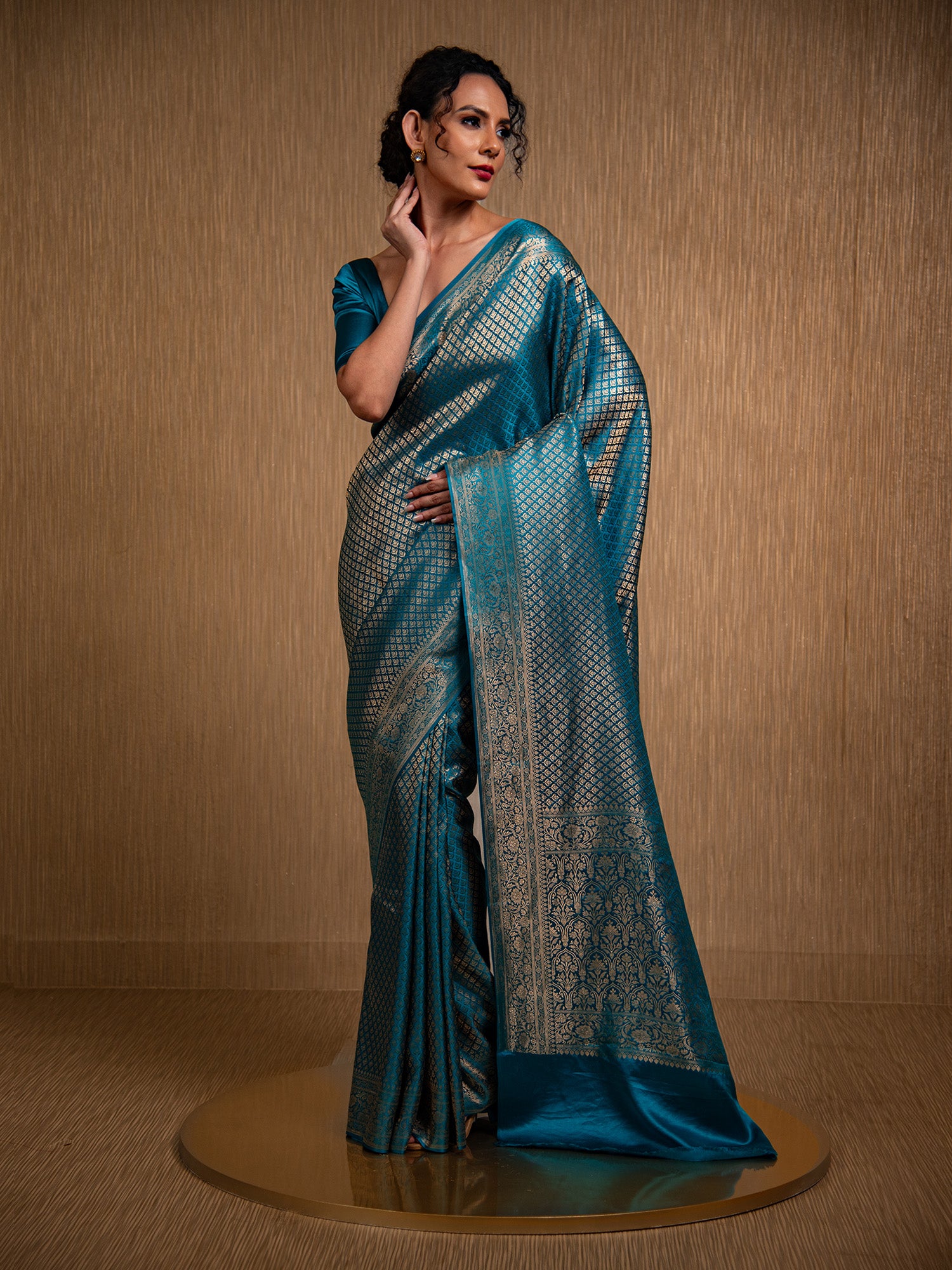 Teal Satin Brocade Handloom Banarasi Saree - Sacred Weaves